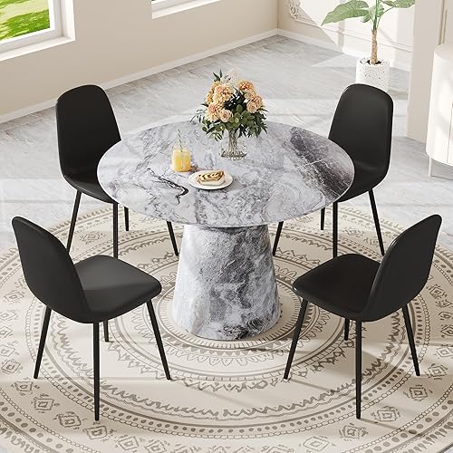 Vista 28 de Juego de mesa de comedor redonda para 4, juego de mesa de comedor pequeña de 45 pulgadas para 4, juego de comedor y sillas de comedor para 4