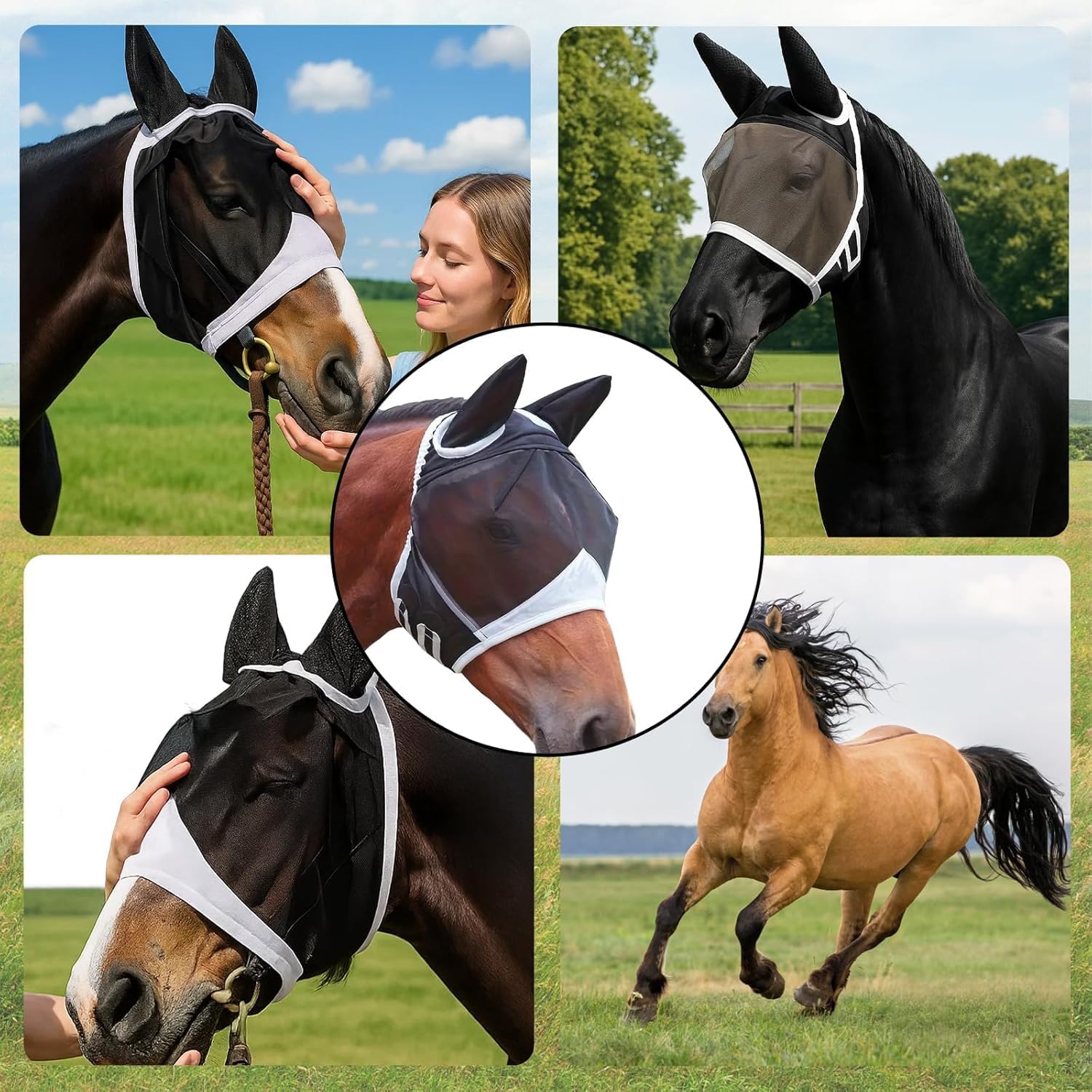 Maschera per mosche a cavallo nero protezione UV con orecchie rete traspirante 90x47x28 cm