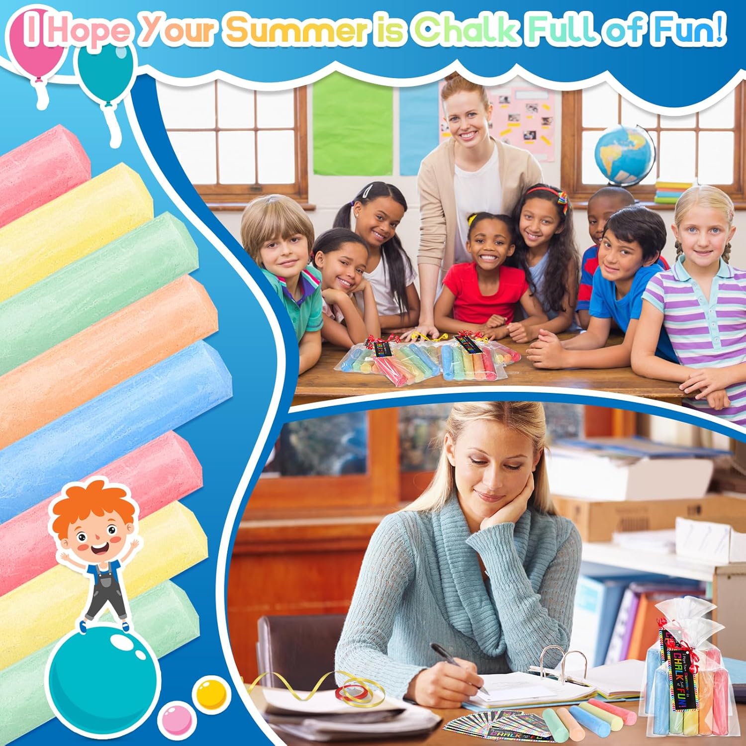 Sabary 30 Sets End of Year Student Gifts 150 Pcs Kids Sidewalk Chalk Bulk with 30 Cards 30 Packaging Bags 2 Ribbons Kids Themed Birthday Party Favors for Classroom Prizes Student Gifts