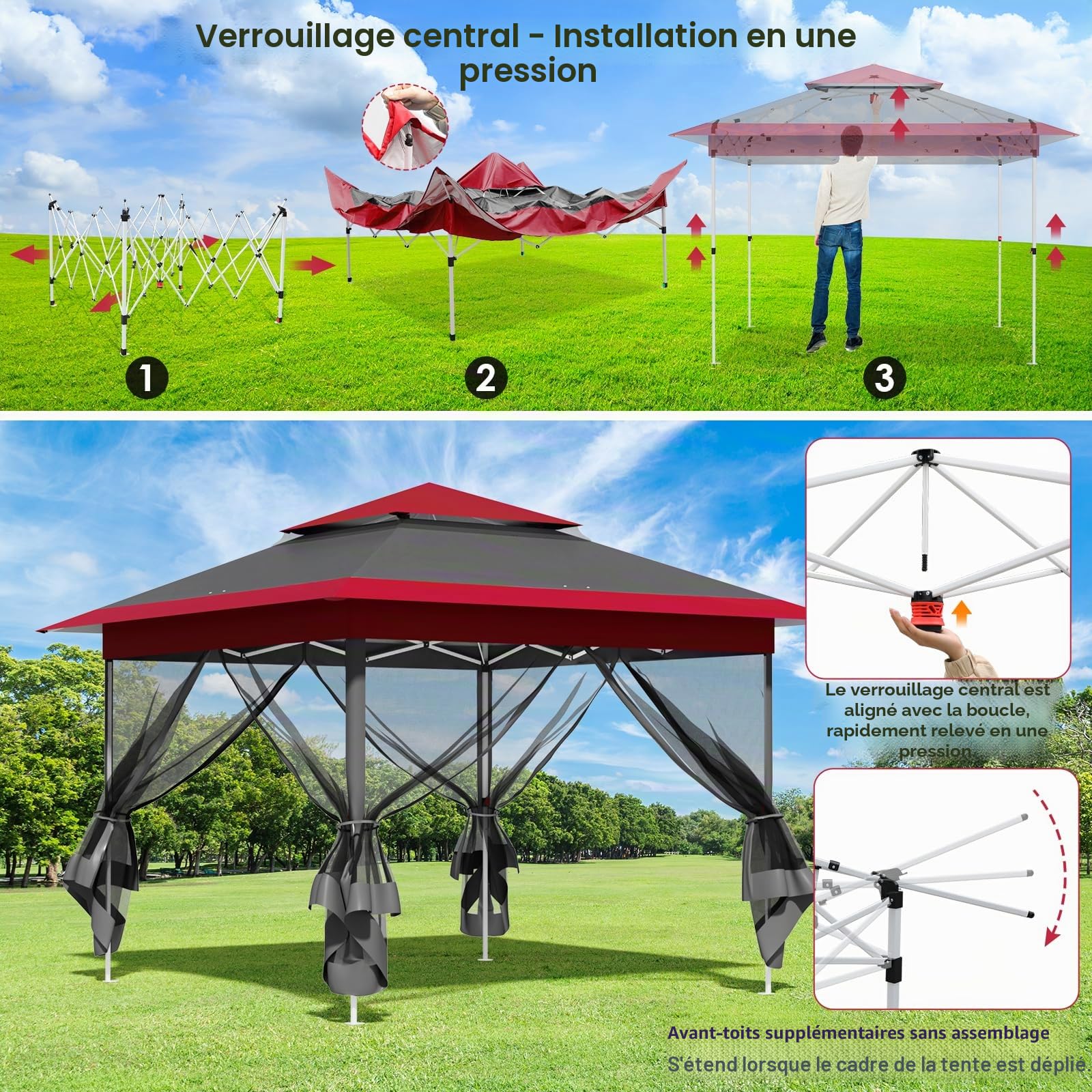 Tonnelle Pliante 3,3 x 3,3 imperméable, avec 4 Toiles Moustiquaires, One Push Tonnelle de Jardin, Tente de fête à Double Toit, 4 PCS Sacs de Sable, pour terrasse/marché/Camping/Plage, Rouge Gris