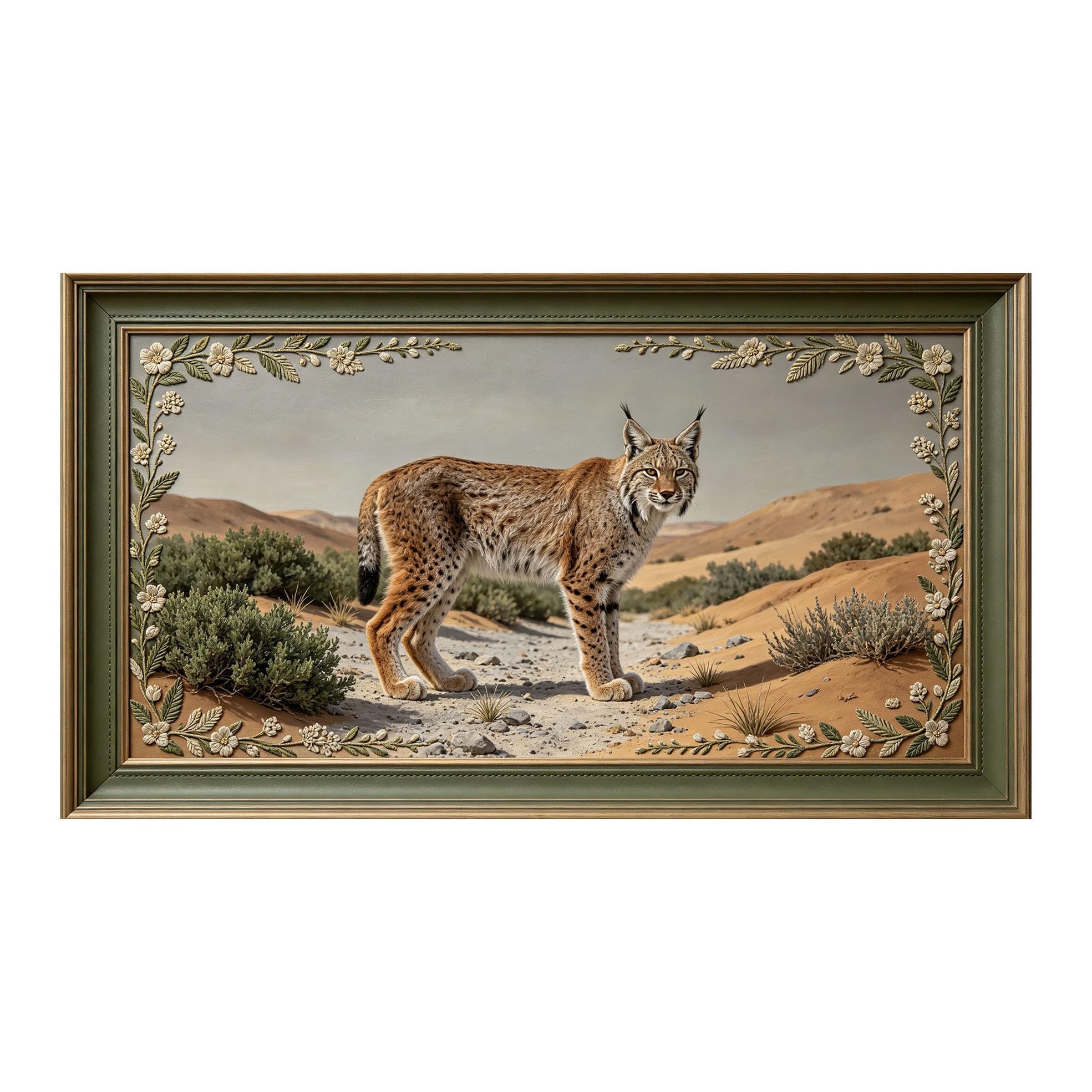Murasolite 3D 3D Framed Wall Art 50cm×90cm Desert Lynx Wildlife Landscape Oil Painting SelfAdhesive Fabric Mural Wall Decor, Peel and Stick No Damage to Wall for Bedroom Living Room
