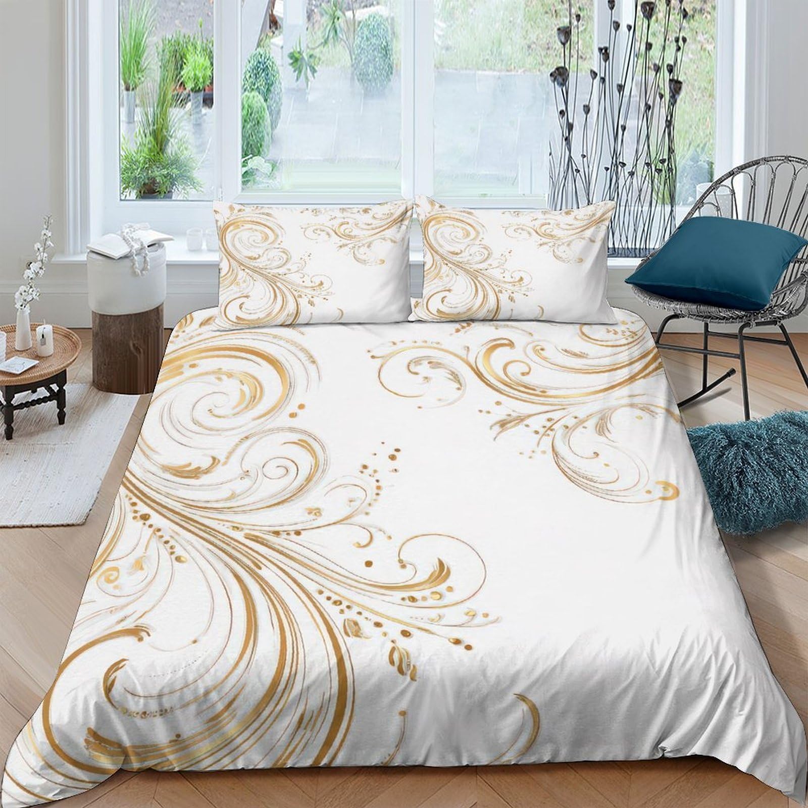 Ctjqhvkz Style-9 3D Printed Gold Swirl Fitted Sheet Microfiber Soft Decorative White Baroque Mattress Cover For Bedroom Guest Room Single（135X200cm）