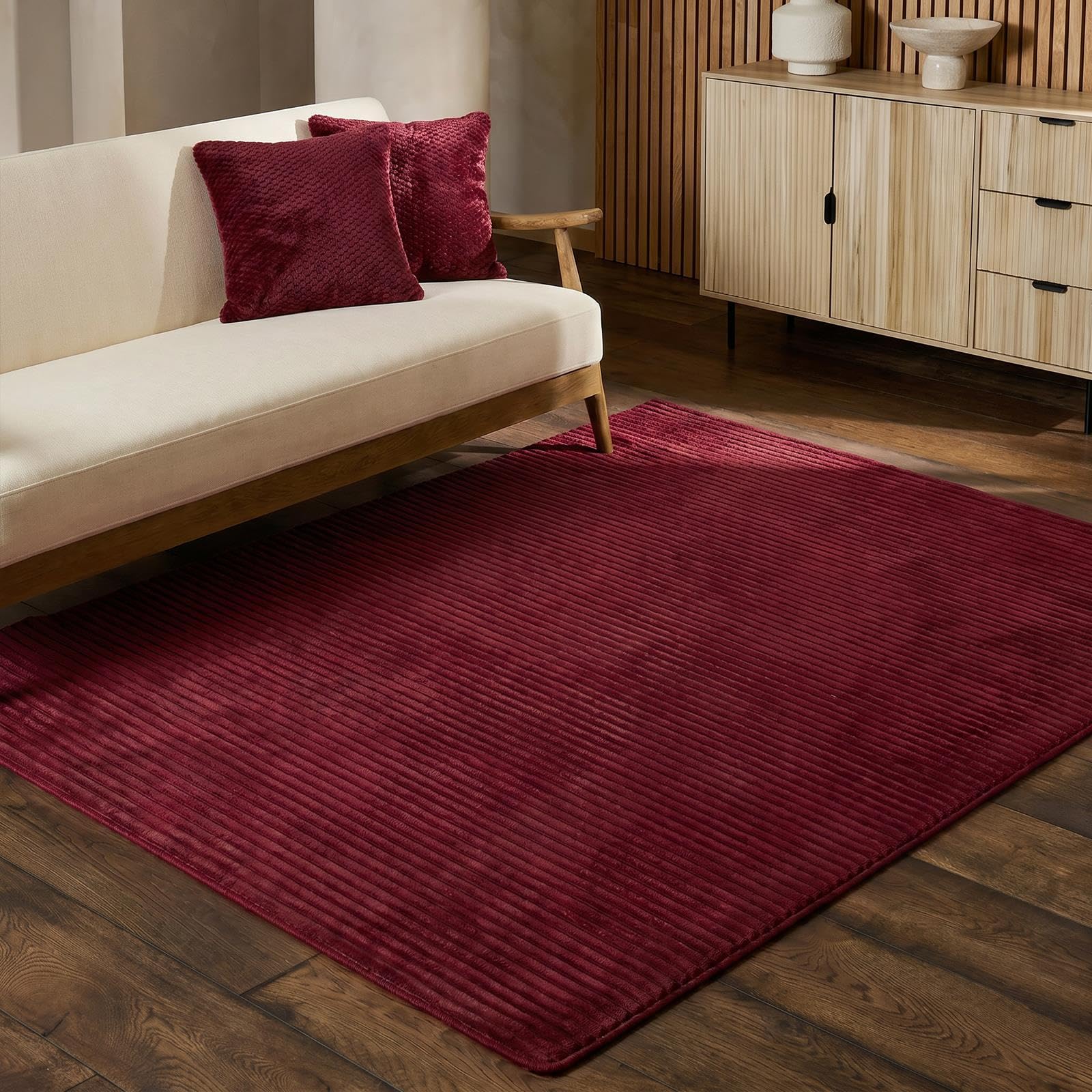 OHS Faux Fur Rugs for Living Room Large Ribbed Fluffy Rug 160 x 130cm,Berry