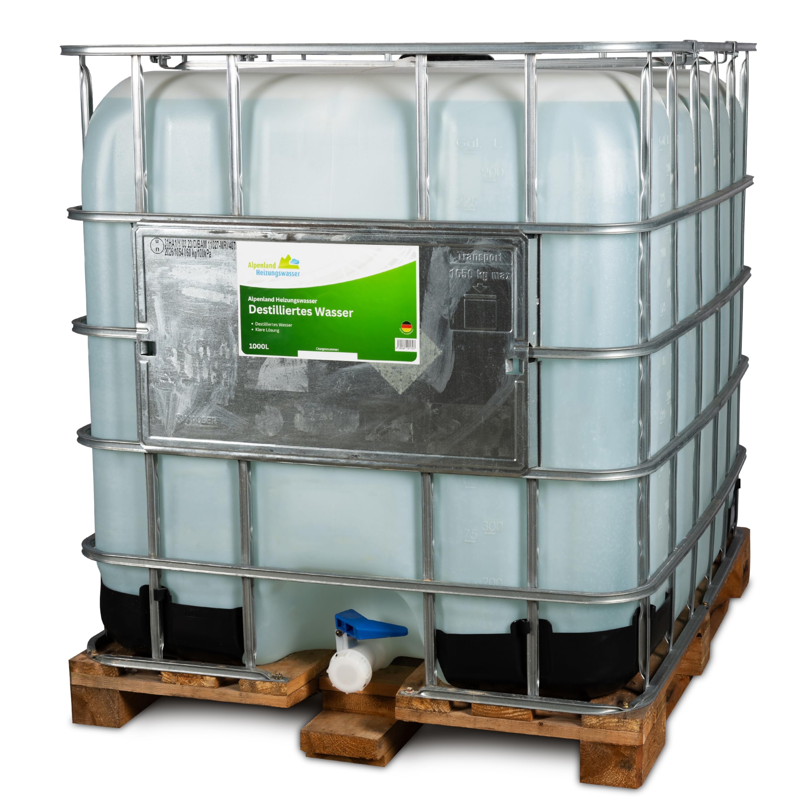 Alpenland Destilliertes Wasser | 1000L IBC | Destilliertes Wasser für medizinische Zwecke, Labor & Aquaristik | Osmosewasser Alternative | Kalkfreies Wasser für Bügeleisen, CPAP-Geräte & Kosmetik