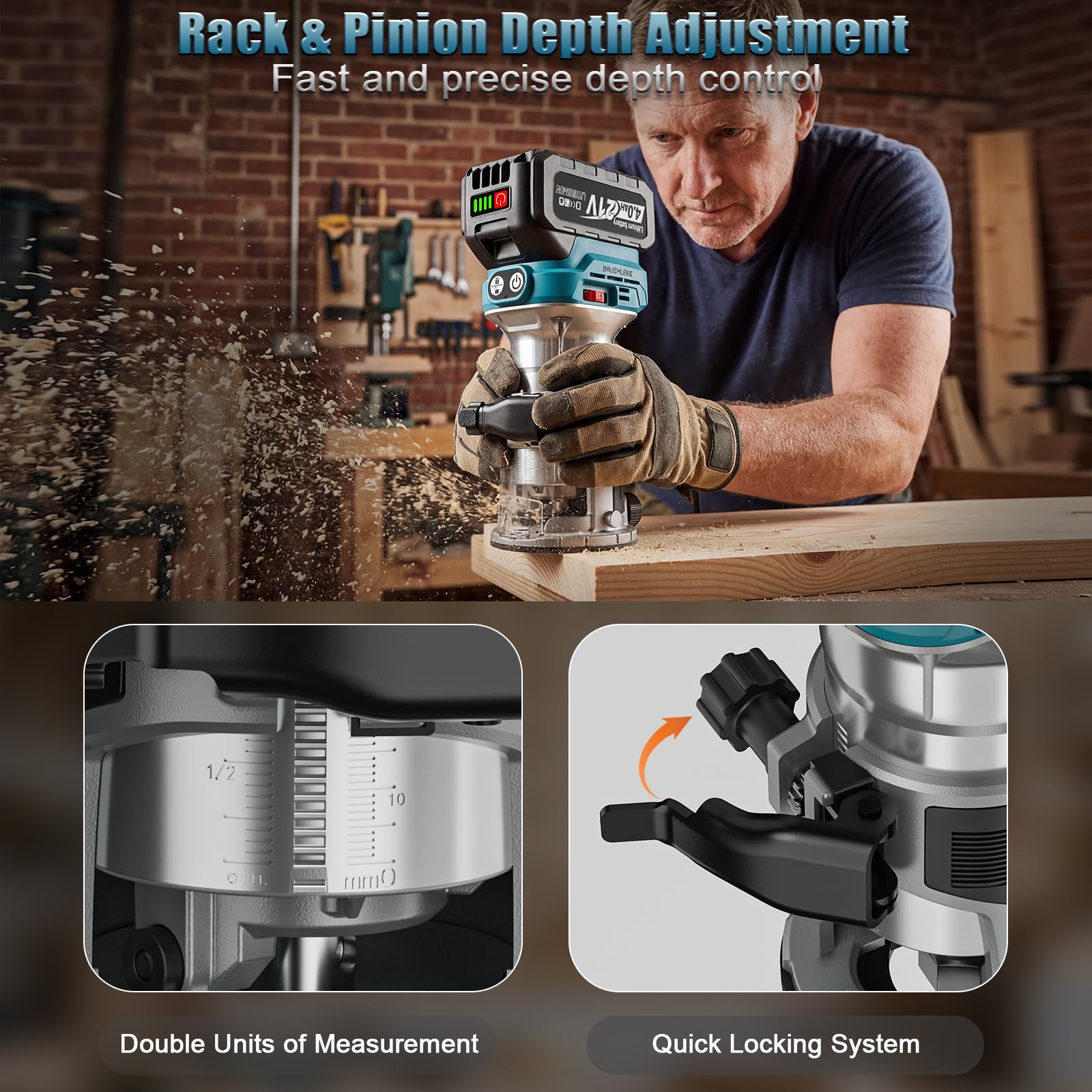 Yofuly Akku Oberfräse Kompatibel mit Makita 18V Akku, 800W Bürstenloser Akku-Kantenfräse Einhandfräse Set, 6 Geschwindigkeit 28000RPM, Aluminum Holzfräser für Holz (Ohne Batterien)