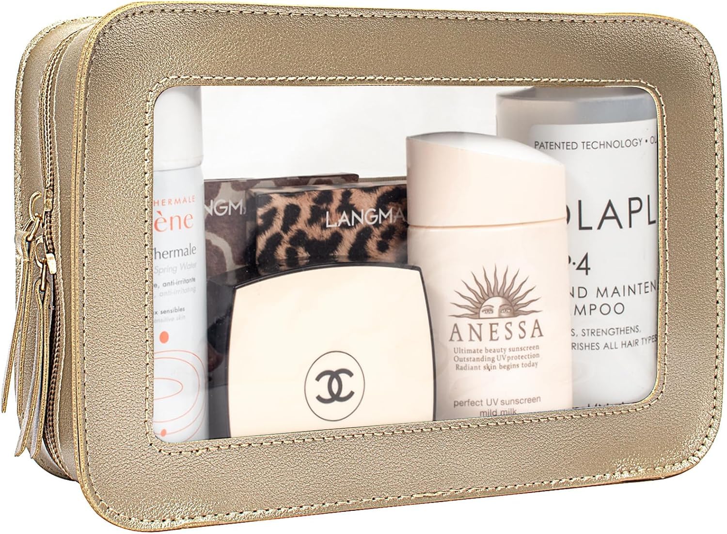 FFpaw Clear Makeup Bag, Gold Travel Makeup Pouch Toiletry Bag for Women Waterproof Small Cosmetic Bag Case Small Make Up Bag with Zipper Car Organizer Car Essentials for Women Men