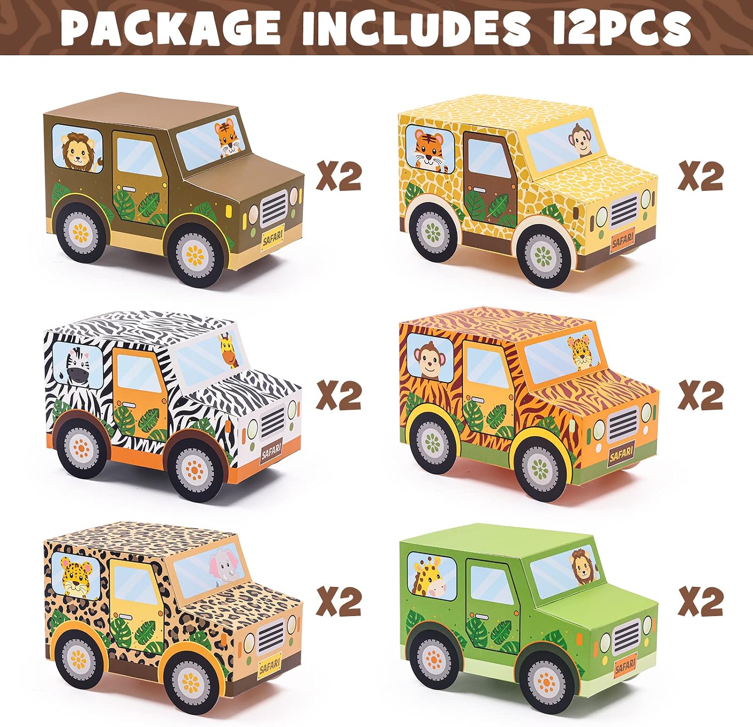 Bessmoso Set of 12 Jungle Party Favor Boxes Safari Party Decorations Truck Shaped Treat Boxes for Teenager Happy Birthday Baby Shower Wild One Goodies Candy Gift