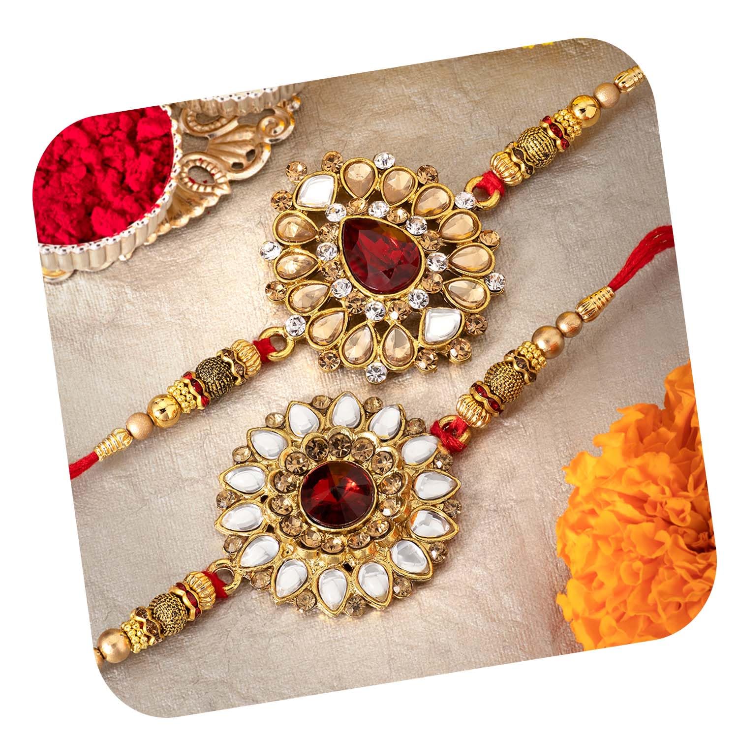 peora Kundan Pearl Crystal Stones Decorative Rakhi for Brother with Rakshabandhan Greeting Card for Boys Men-picture-8