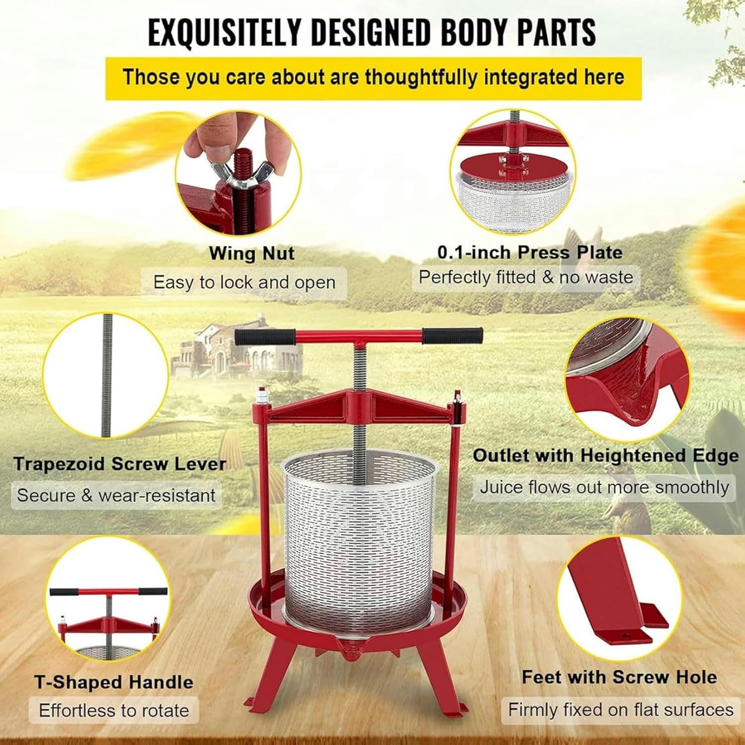 Fruit Wine Press Manual Press for Winemaking Stainless Steel Basket of 2.4 Gallons and 9 L Red Silver Wine Press ~/