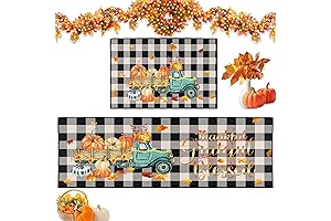 Fall Kitchen Rugs and Mats 2-Piece Set for Autumn, Featuring Classic Grid and Leaf Designs