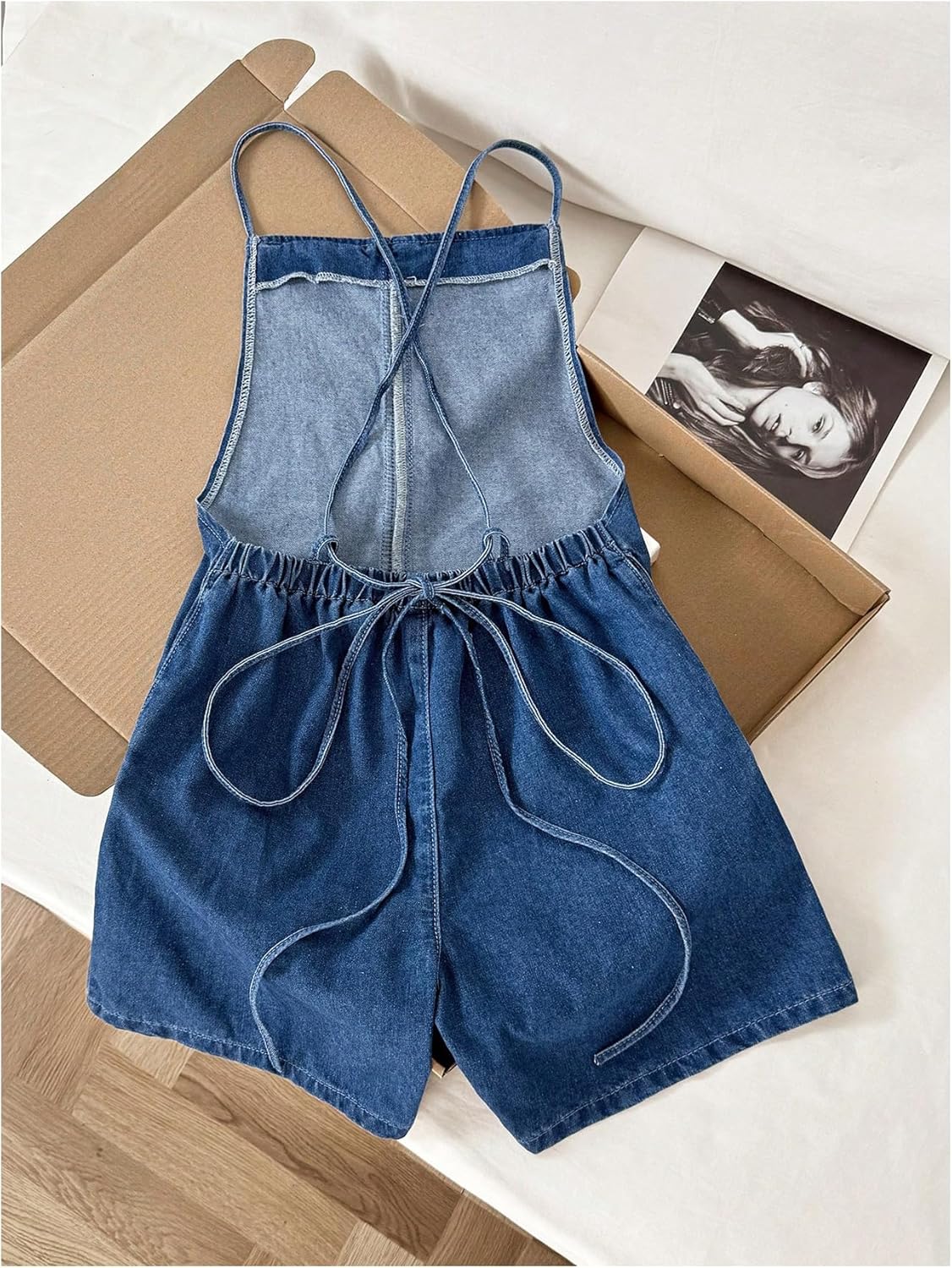 Milumia Women's Spaghetti Strap Denim Romper Crisscross Tie Backless Overalls Shorts - Image 2