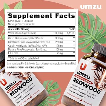 UMZU Redwood Nitric Oxide Booster, 30 Day Supply | Vitamin C, Garlic and Horse Chestnut, Nitric Oxide Support, Healthy Circulation, Blood Flow, Endurance and Heart Health