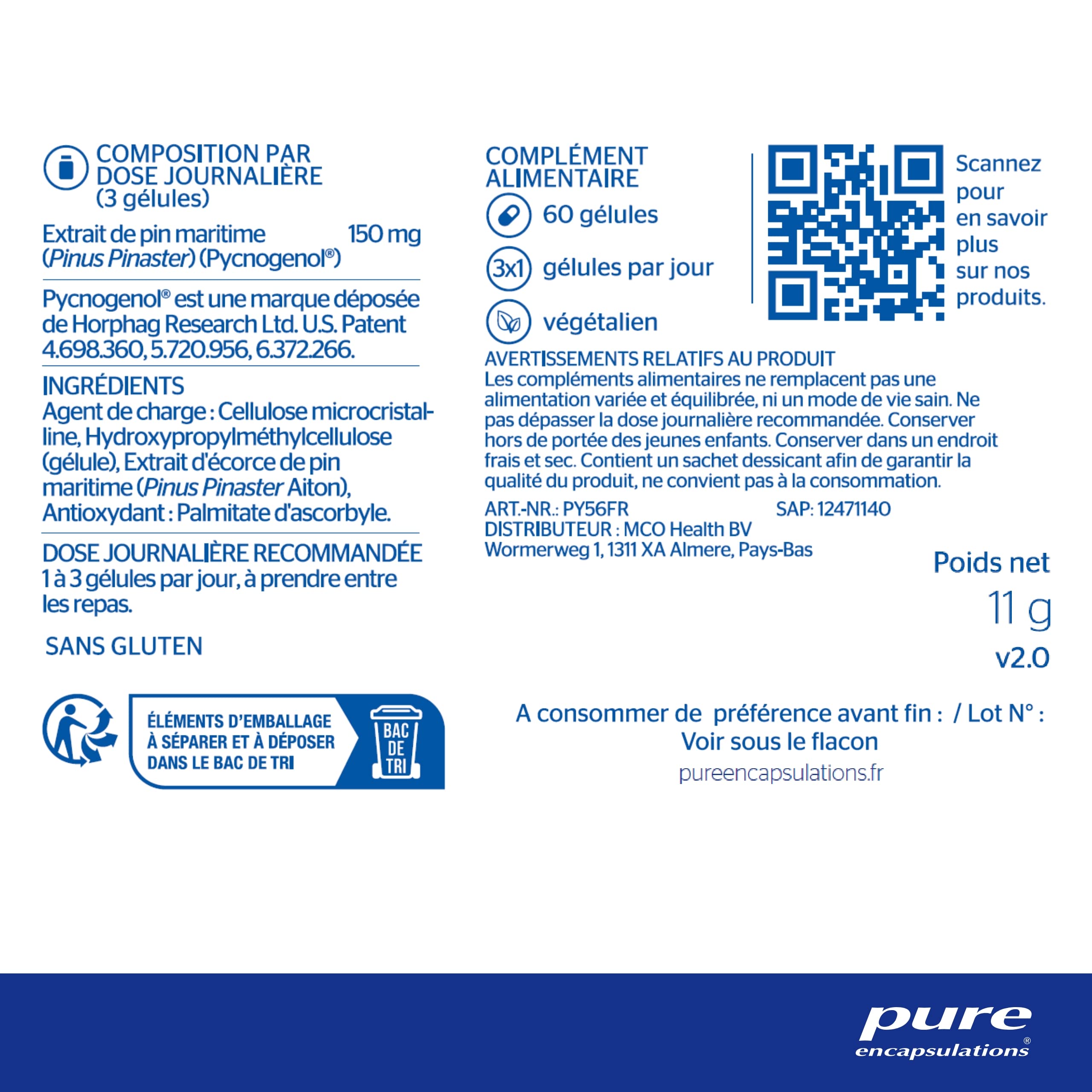 Pure Encapsulations - Pycnogenol - Extrait Naturel de Pin Maritime Titré - Contribue à Maintenir l'Élasticité de la Peau & Une Bonne Circulation - 60 Gélules Véganes