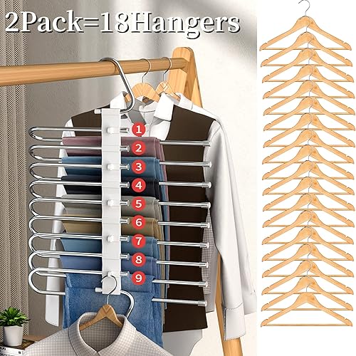 Vista 3 de Perchas para pantalones de 9 capas que ahorran espacio, paquete de 2 estantes multifuncionales de acero inoxidable organizador de armario