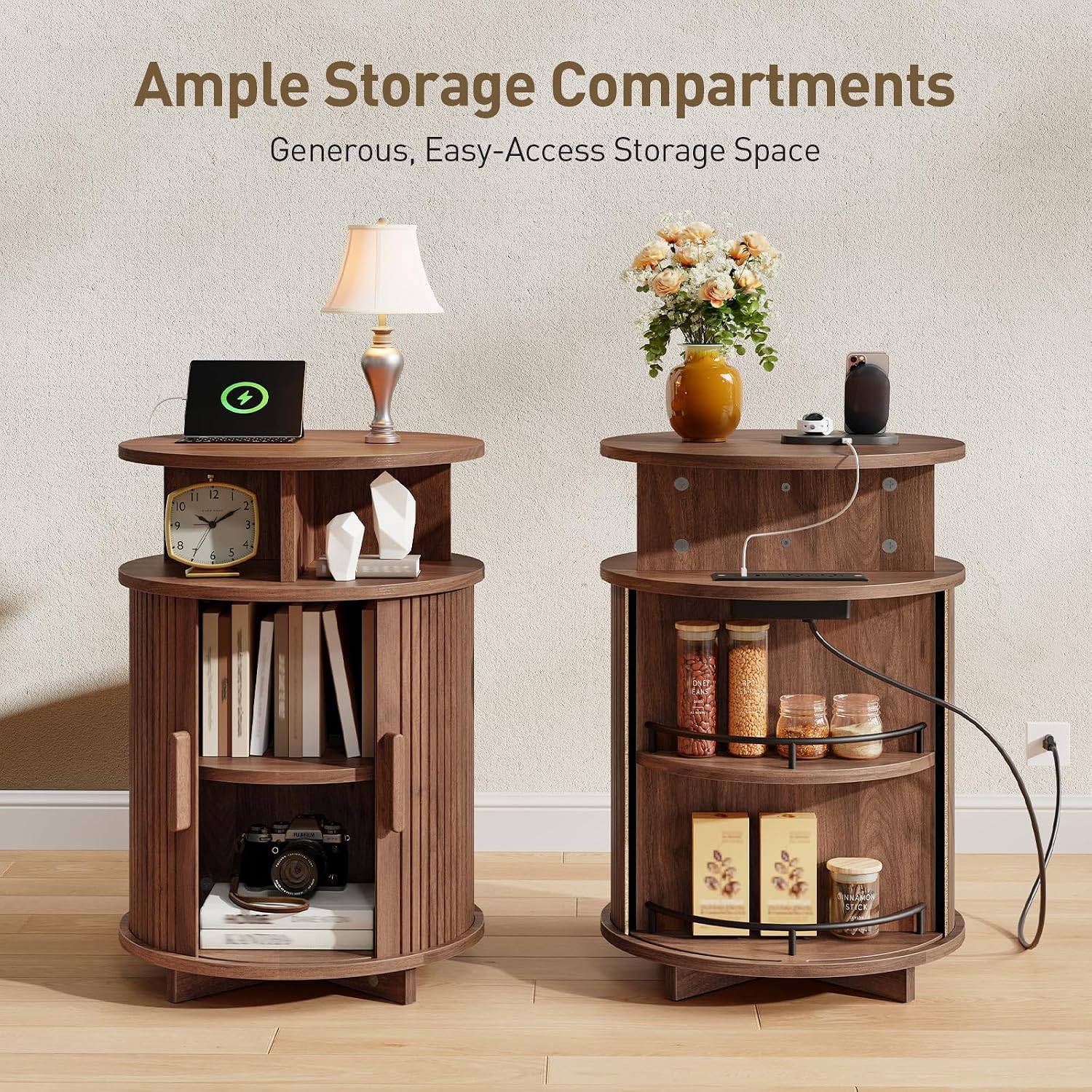 RALGEND Round Fluted End Tables, Round End Table with Charging Station, Fluted Sofa Side Table with Sliding Tambour Door and Storage, Mid-Century Nightstand for Living Room, Bedroom, Walnut