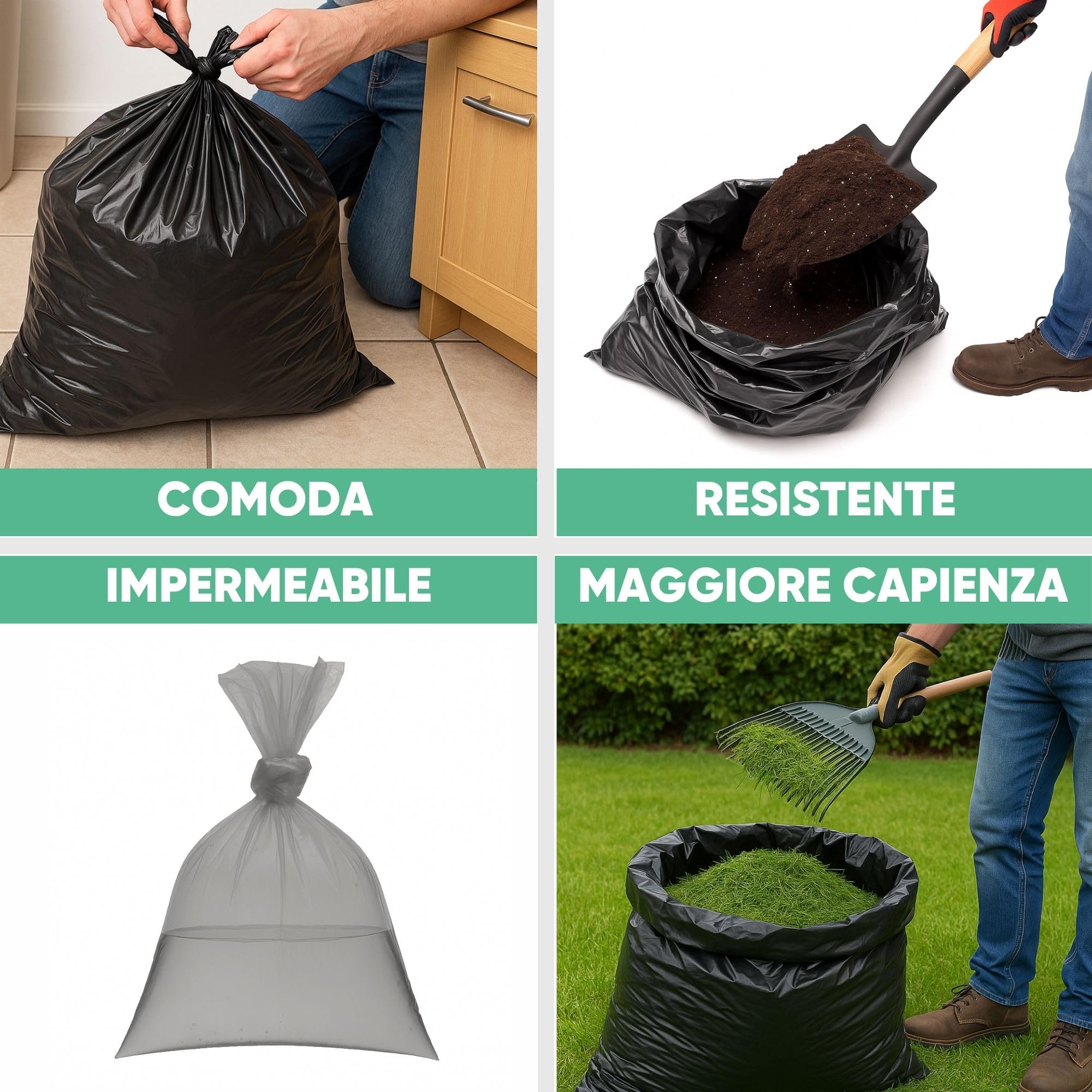 300 Buste Spazzatura per Differenziata - Resistenti, Antigoccia e con Grammatura Media - Multipack per Uso Domestico, Ufficio e Attività Commerciali - Nero, 55x70