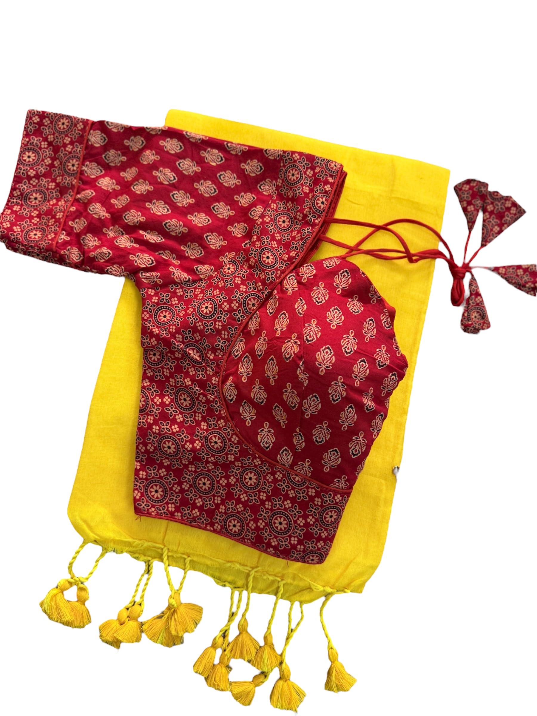 Women's Khadi Cotton Plain Red Saree with Ajrak Printed Readymade Blouse – Elegant Handloom Saree for All Occasions-image-16