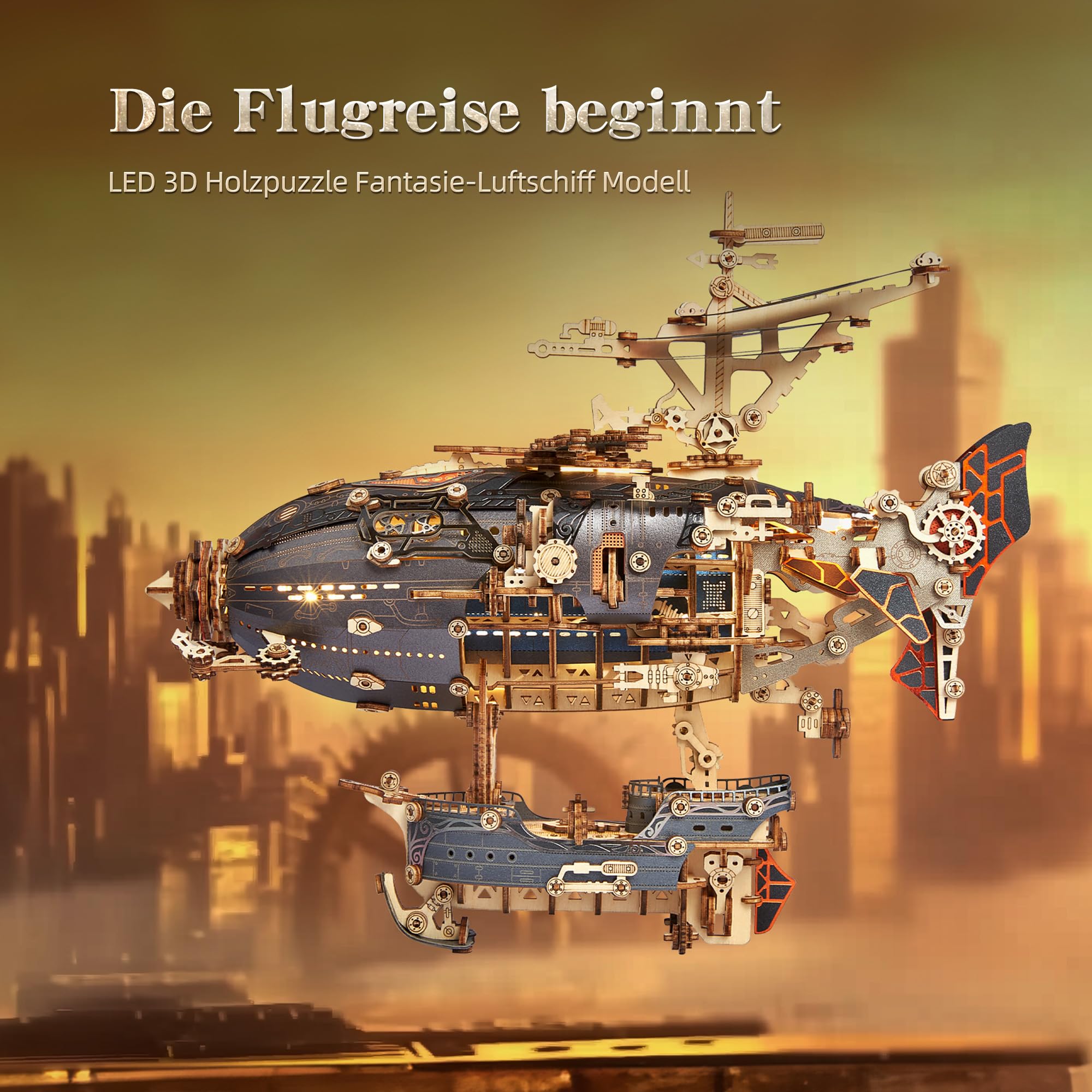 FUNPOLA LED 3D Holzpuzzle fur Erwachsene Luftschiffmodell - Steampunk DIY Bastelset mit LED-Leuchten - Holz Luftschiffmodell-Bausatz für und Erwachsene (Grau)