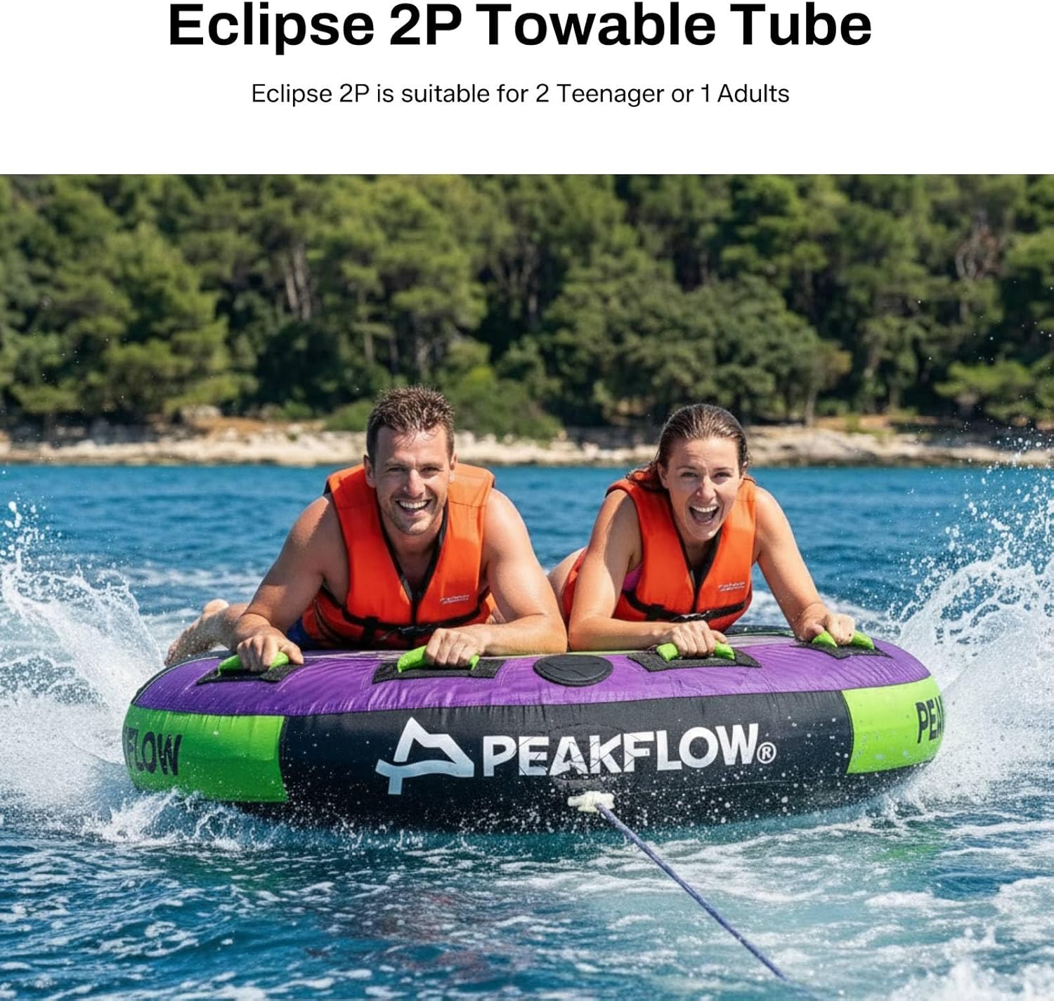 PEAKFLOW Towable Tube,Boat Tube,2 Rider Models,Tubes for Boating,PVC Liner and Full Nylon Cover,EVA Foam Pads and 8 EVA Handles,Swift Connect Rapid Boston Valve, 64x61Inches Inflated,Passione Series