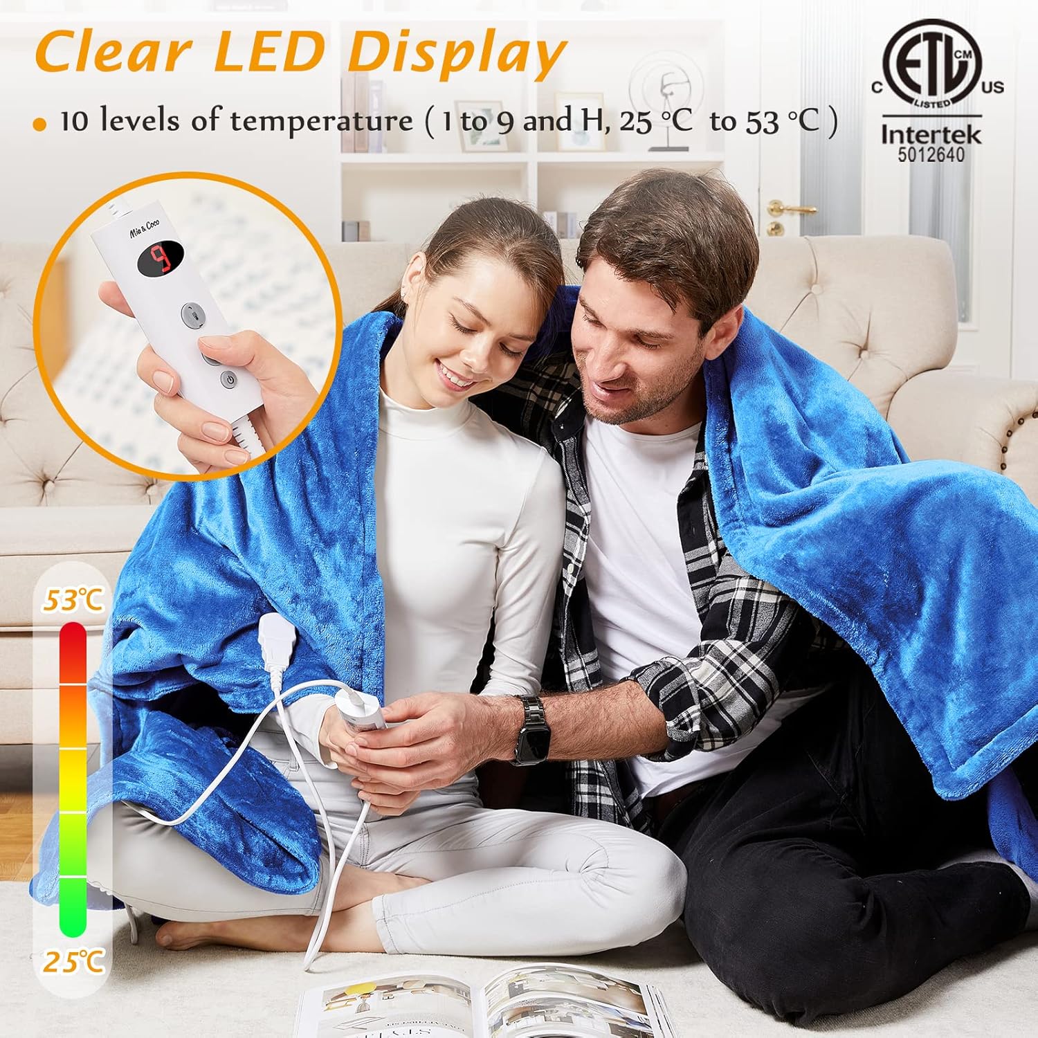 Mia&Coco Electric Heated Blanket controller with clear LED display showing heat level