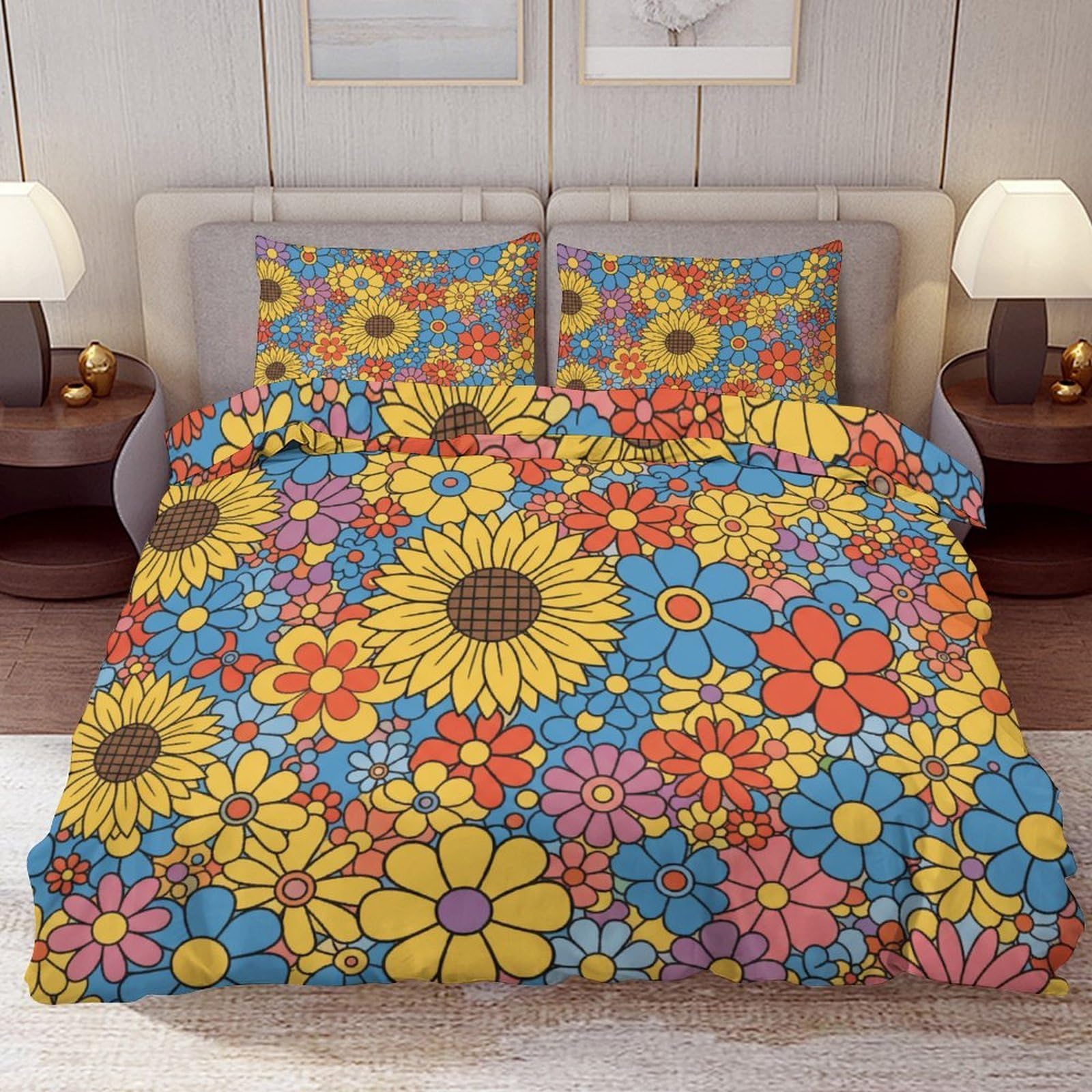 Delerain Comforter Cover Set King Size, Retro 60s Hippie Flower 3-Piece Bedding Set for Women Men Modern Soft Microfiber Bedroom Set Room Decor, 1 Duvet Cover + 2 Pillowcases