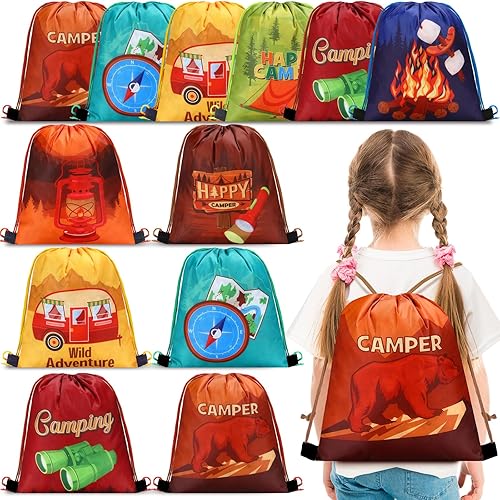 Paterr 12 bolsas de regalo de fiesta de campamento, bolsas de regalo con cordón para niños, bolsas de dulces temáticas de campamento, bolsas de