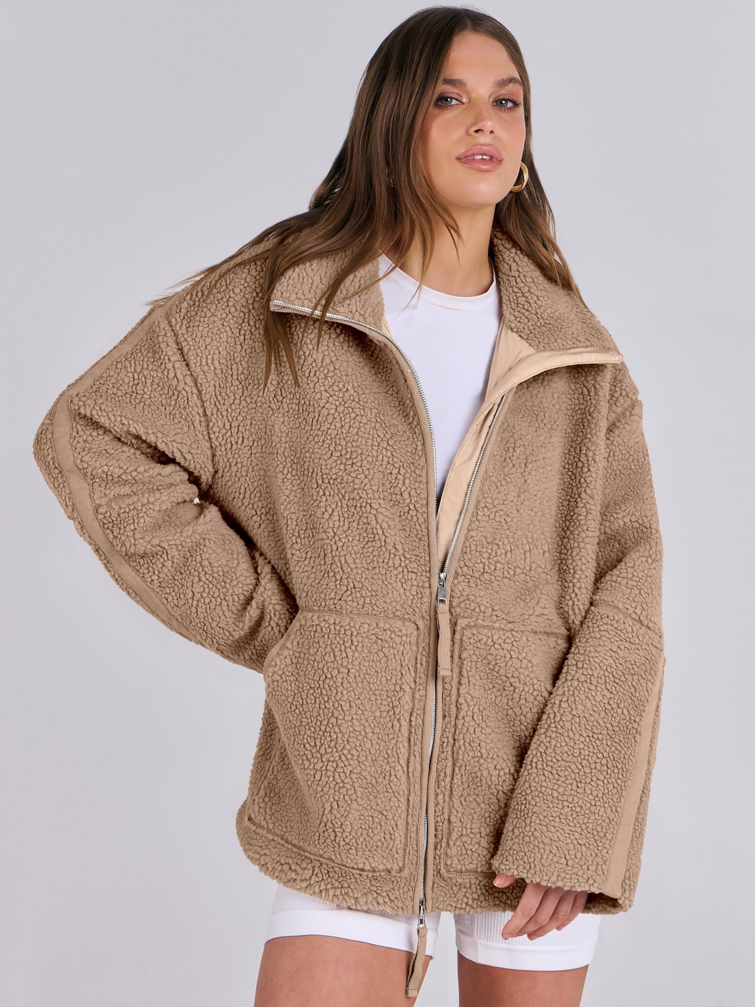 Damska kurtka polarowa Oversize Zip Up Sherpa Fuzzy Casual Płaszcze Zimowa, jesienna odzież wierzchnia Odzież z kieszeniami