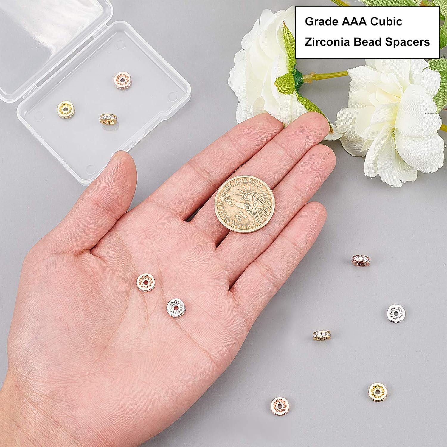 NBEADS 12 Pcs 3 Colors Brass Cubic Zirconia Spacer Beads Flat Round Micro Pave CZ Beads Rondelle Rhinestone Beads for Jewelry Making - Image 4