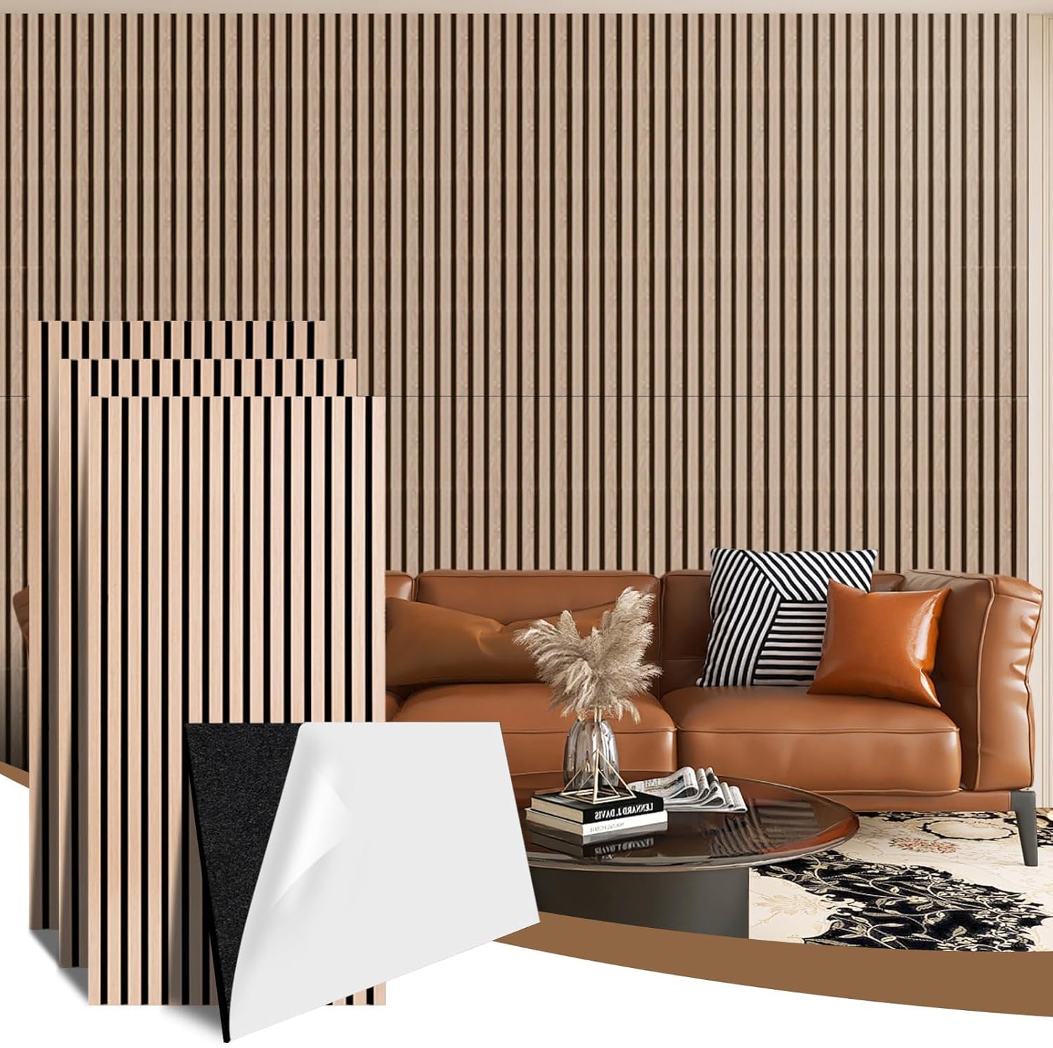AKK-PANE 4 PCS Self-Adhesive Acoustic Wood Slat Wall Panels, 47.2" x 23.6" 31.0ft² for Interior Wall Decor, 3D Wall Panels Peel and Stick, Wall Wood Panels for Office Bedroom Living Room (Classic Oak) 4pcs - 47.2*23.6in Classic Oak 13#