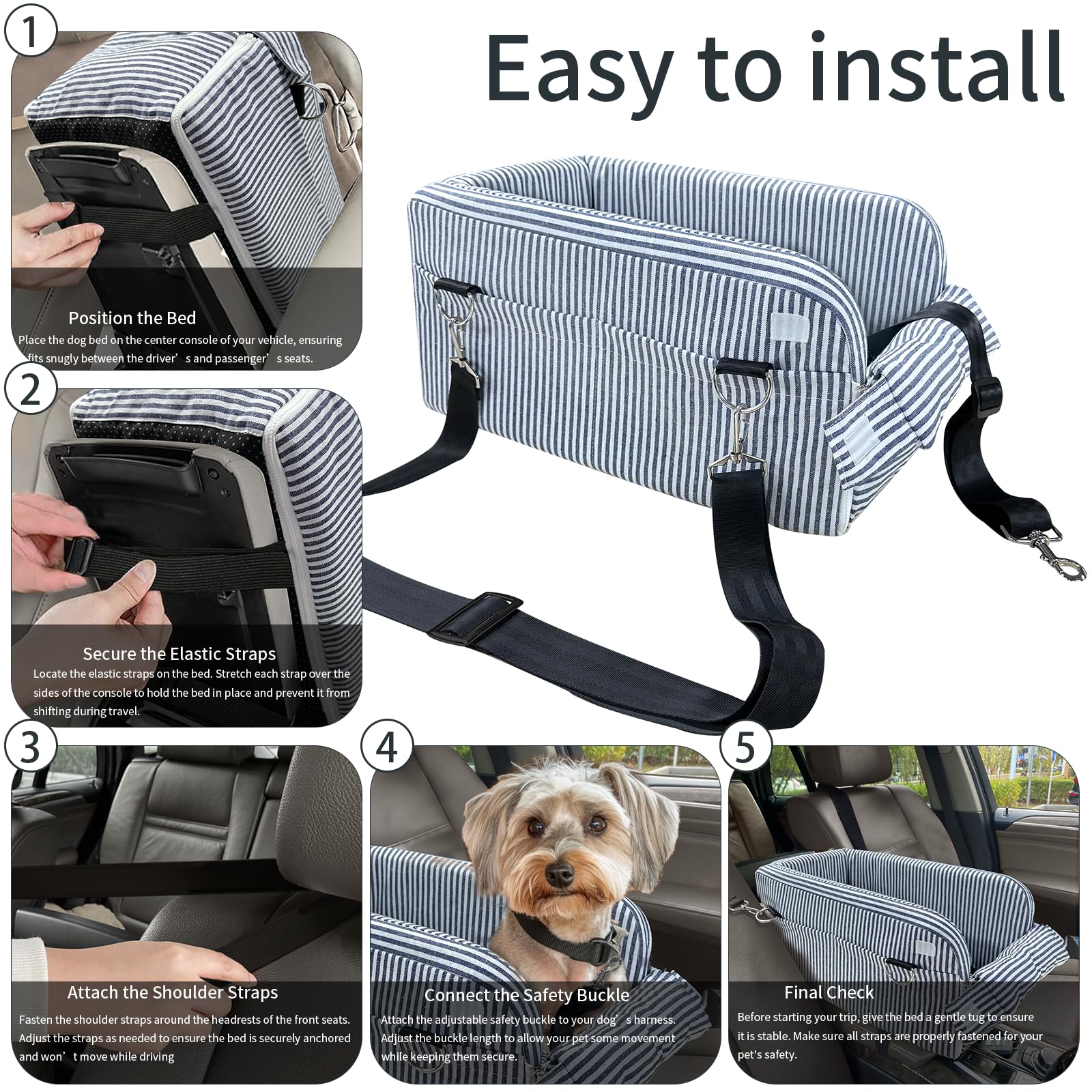 Asiento de coche para perros pequeños, consola central segura, asiento portátil para gatos con cinturón de seguridad y bolsillos de almacenamiento, diseñado para perros pequeños de hasta 11