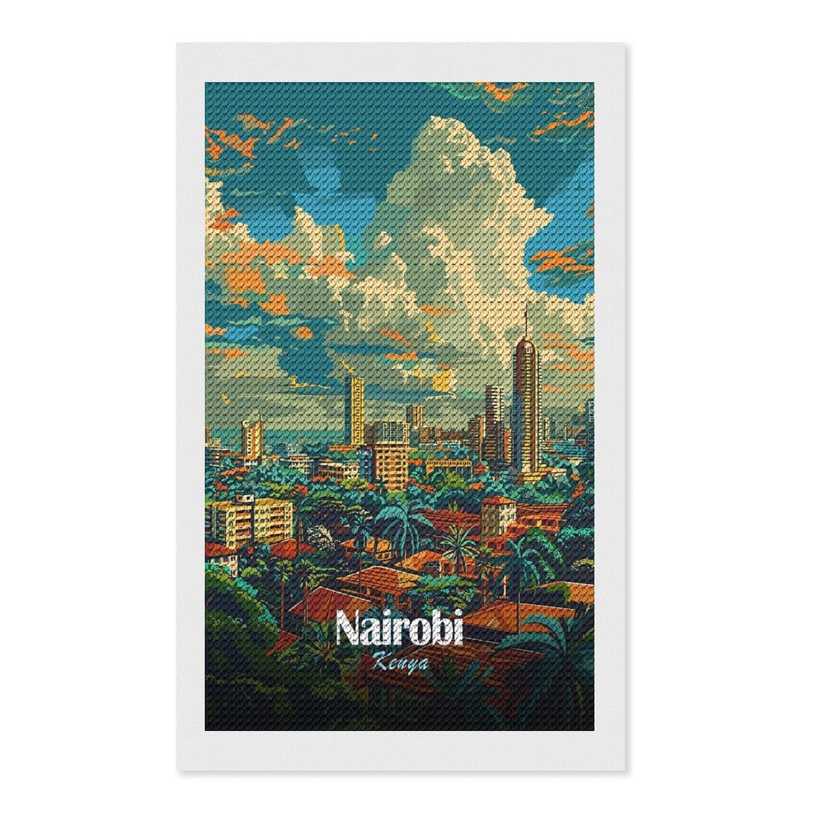 Junmoney Nairobi Skyline Illustration Diamond Painting Canvas Set 12"x20", for Adults, Decorate Your Room, Festive Craft Gift, Office Decor