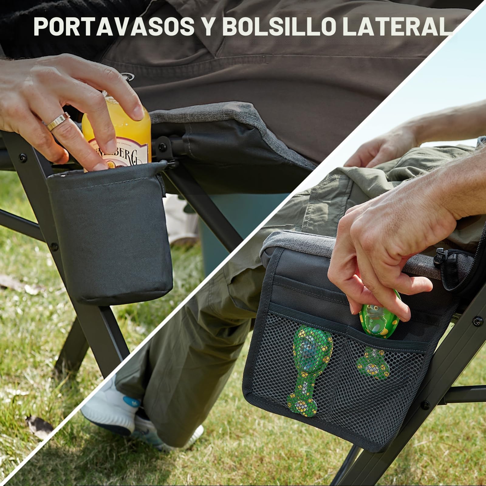 EVER ADVANCED Silla de camping plegable con respaldo ajustable en 4 posiciones hasta 150 KG Silla plegable 6 cm de grosor acolchada con bolsillo lateral y soporte para bebidas Silla de jardín con