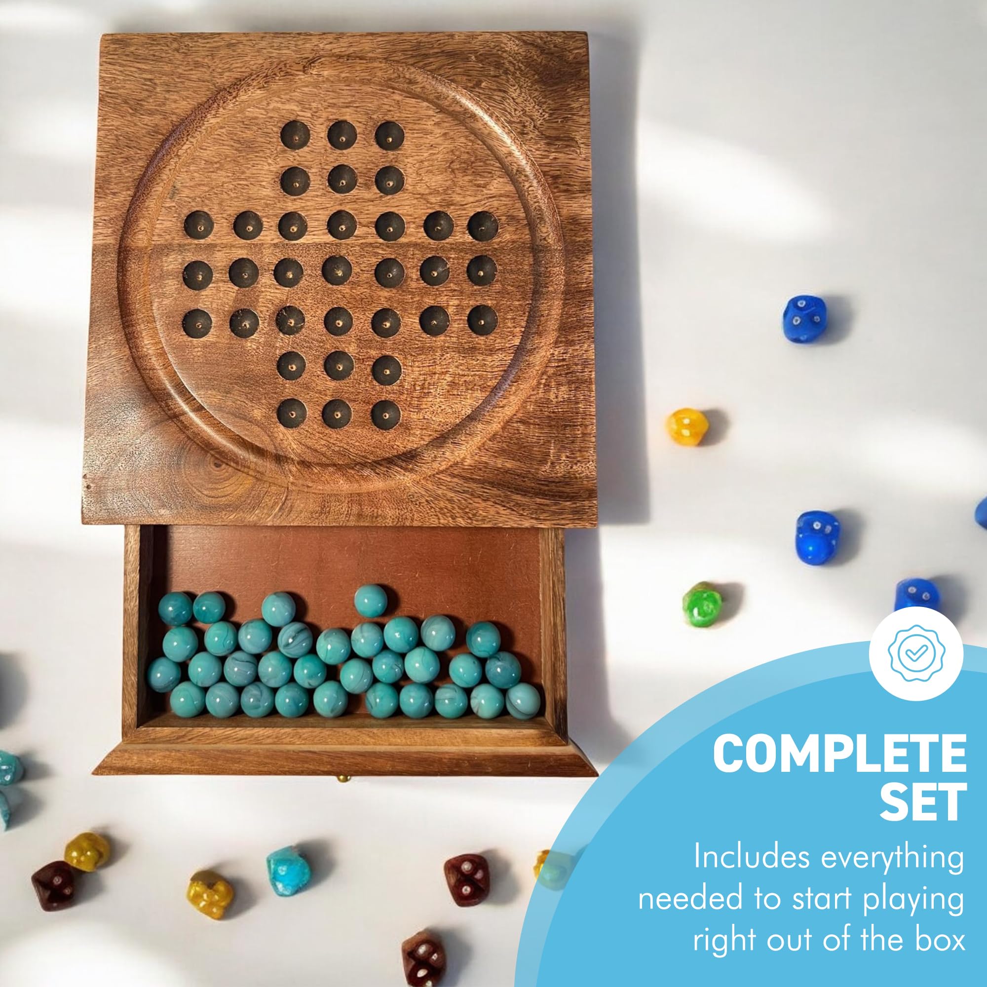 Solitario de madera con cajón para guardar canicas, juegos de viaje, juegos estratégicos y tradicionales, perfecto para adultos y diversión familiar
