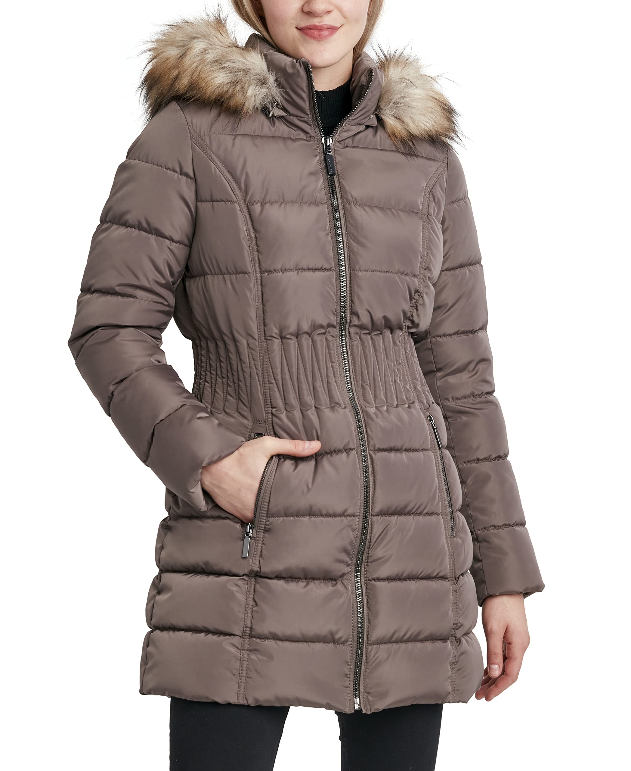 Laundry by Shelli Segal Women's 3/4 Puffer with Zig Zag Cinched Waist and  Faux Fur Trim Hood, Warm Taupe, Large
