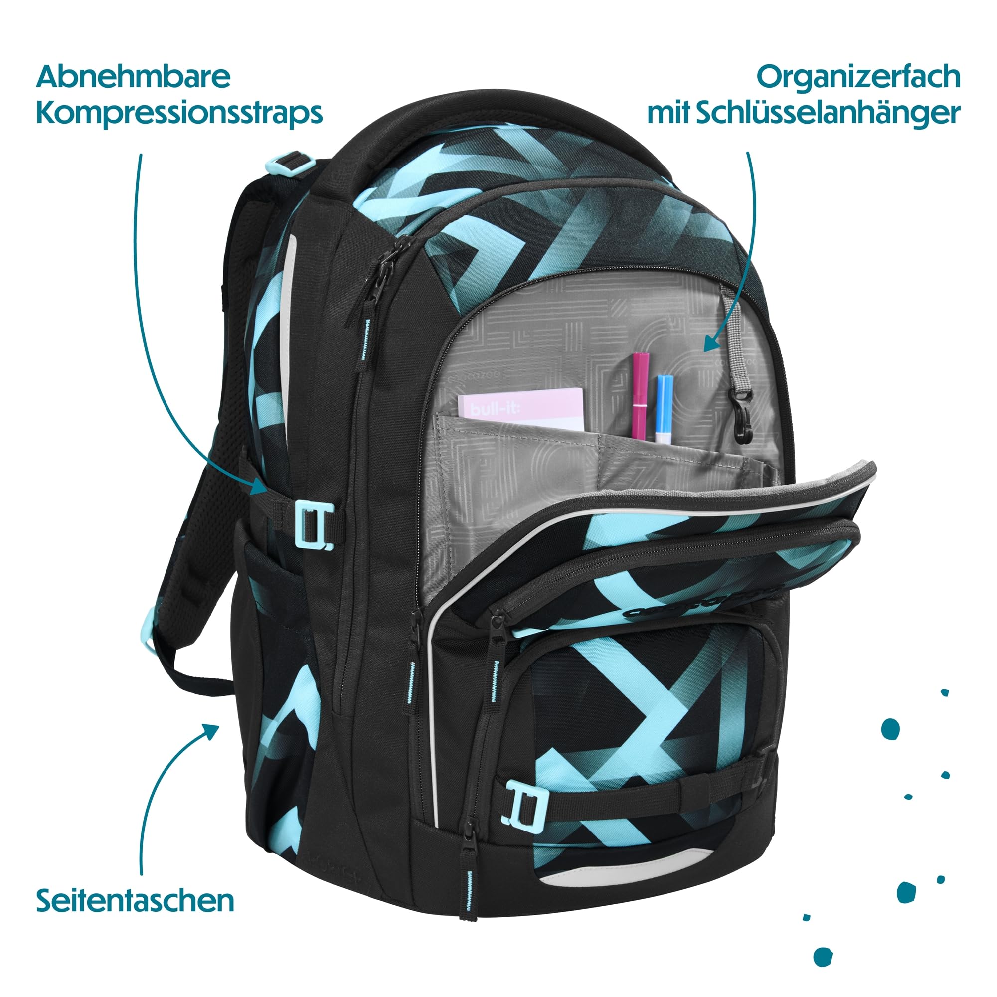 Coocazoo PORTER Schulrucksack „Laser Lights”, schwarz-türkis, ergonomischer & anpassbarer Tornister, höhen- & größenverstellbar, mit Brustgurt & Hüftgurt, ab der 3. Klasse