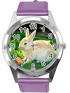 Purple Leather Round Quartz Watch for Rabbits Fans e2