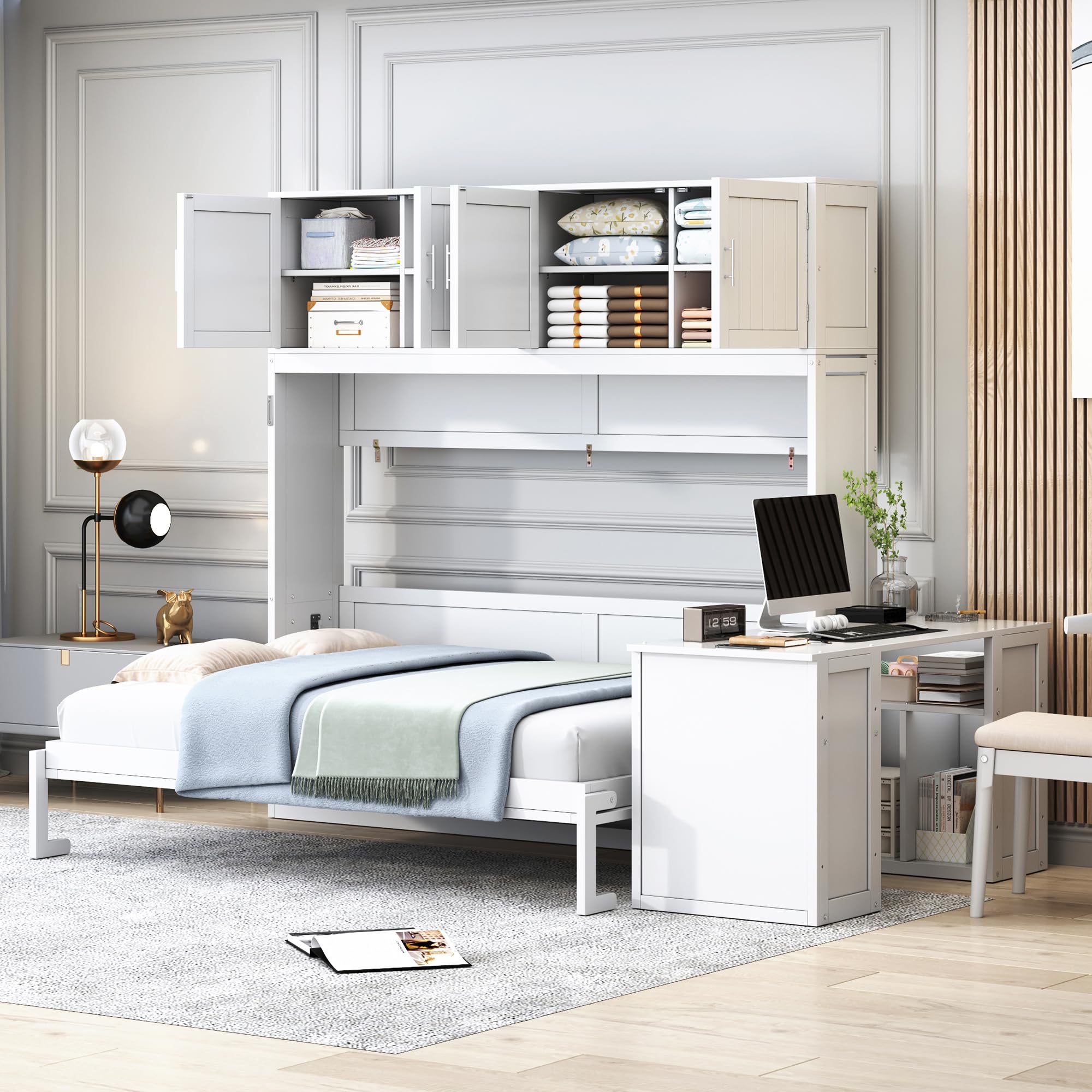 Queen Horizontal Murphy Bed with Desk and Storage Bookcase Shelves,Pine Wood Murphy Wall Bed with Storage Shelves and Desk,for Adults (White)