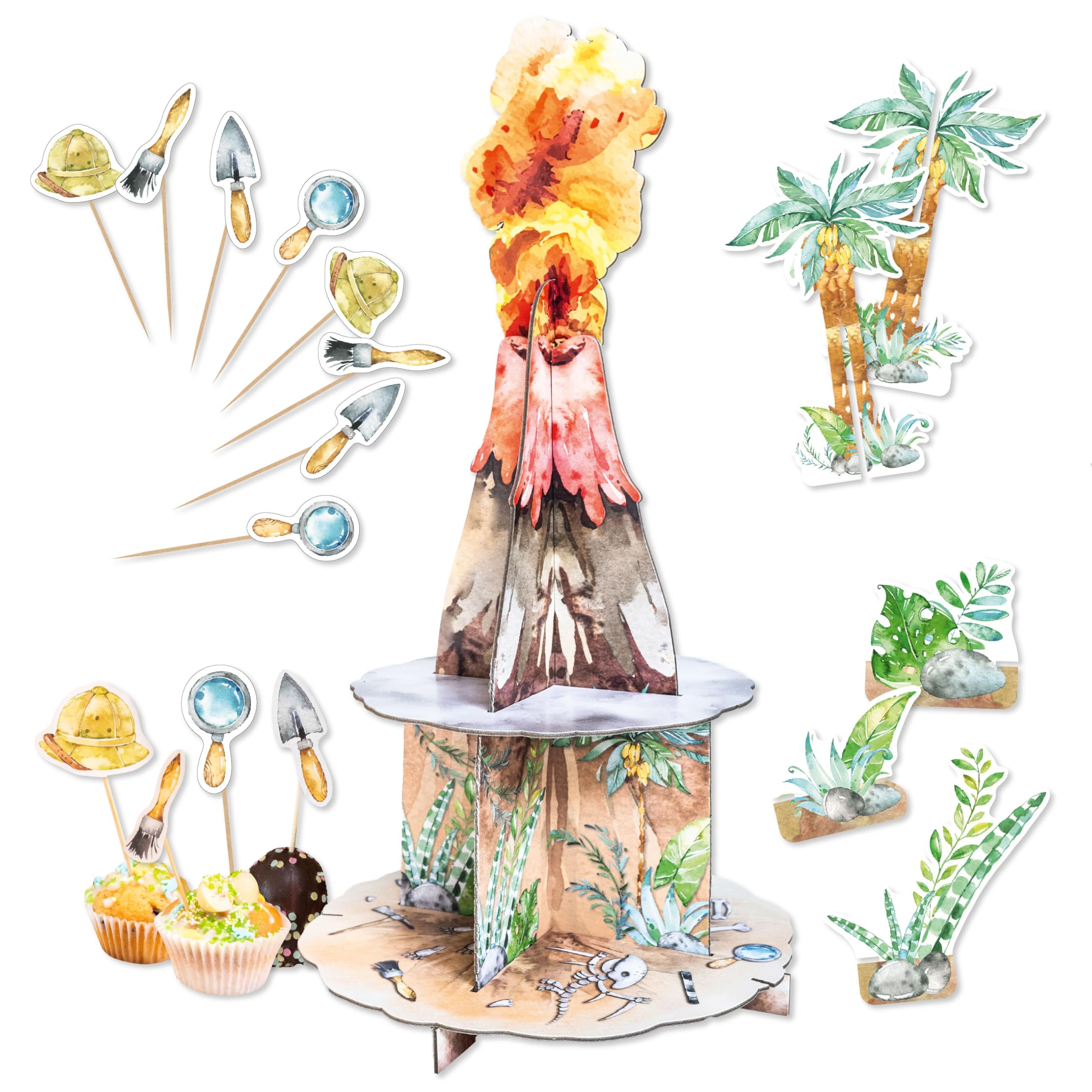 Papierdrachen Dino Volcano Decoration Set Children's Birthday - Cake Stand and Cupcake Toppers - Printed on Both Sides - Party Supplies Girls Boys