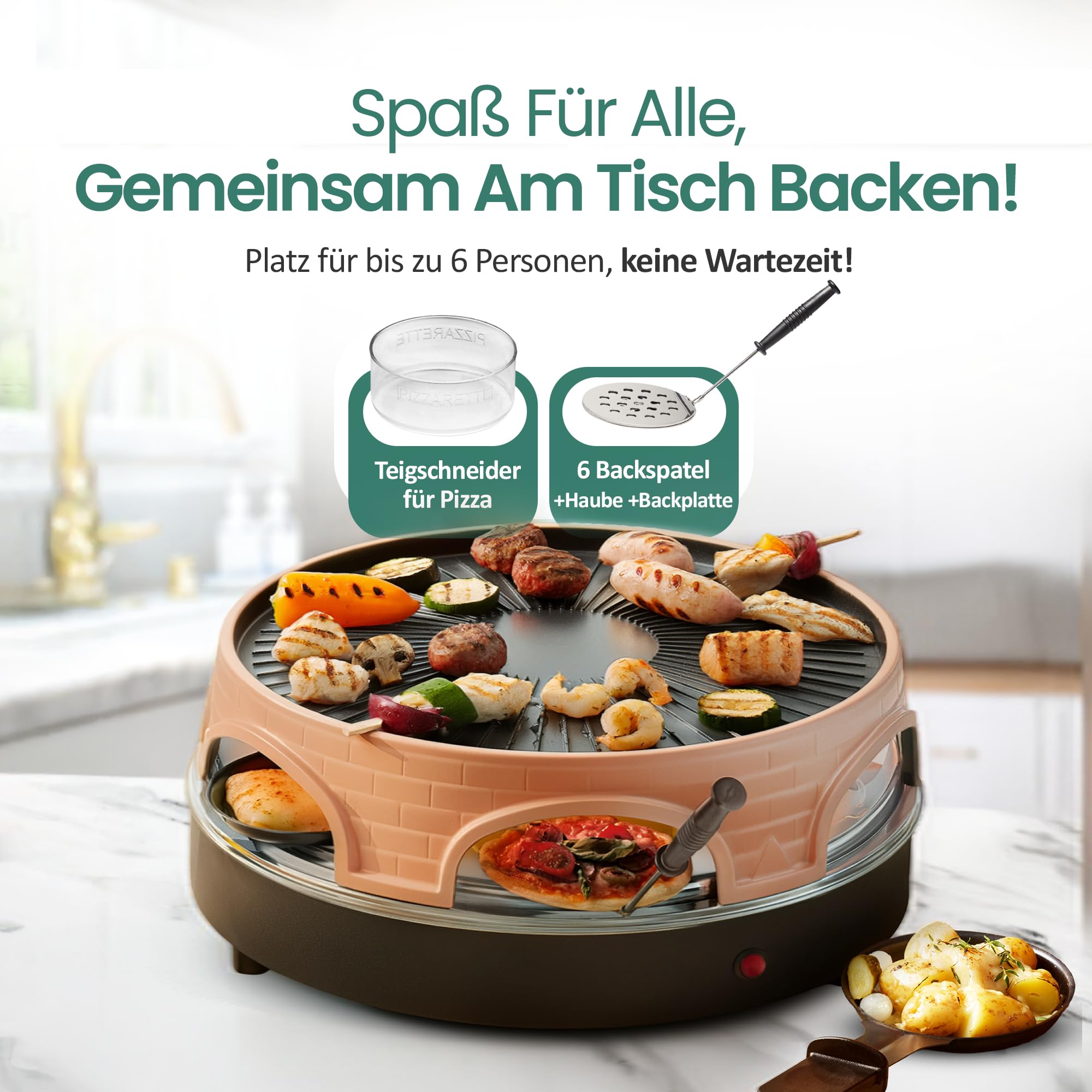 Emerio Pizzaofen, PIZZARETTE das Original, 3 in 1 Pizza-Raclette-Grill, patentiertes Design, für Mini-Pizza, echter Familien-Spaß für 6 Personen, PO-113255.4