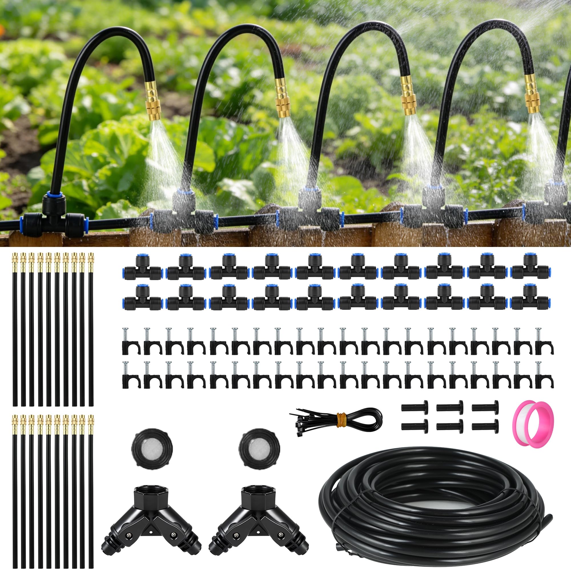 Drip Irrigation System for Garden Watering: 230FT(70M) 40 Misting Nozzles, Automatic Watering Kit with 1/4" PE Tubing Hose, Adjustable Sprinkler Mister Plants Raised Beds Lawn Outdoor Yard Greenhouse