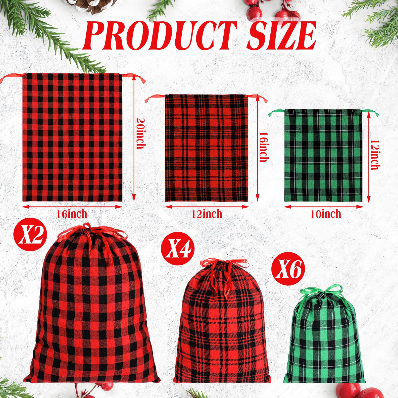 SATINIOR Lot de 12 sacs cadeaux de Noël en tissu à carreaux en coton avec cordon de serrage, 50,8 x 40,6 cm, 40,6 x 30,5 cm, 30,5 x 25,4 cm, rouge et vert