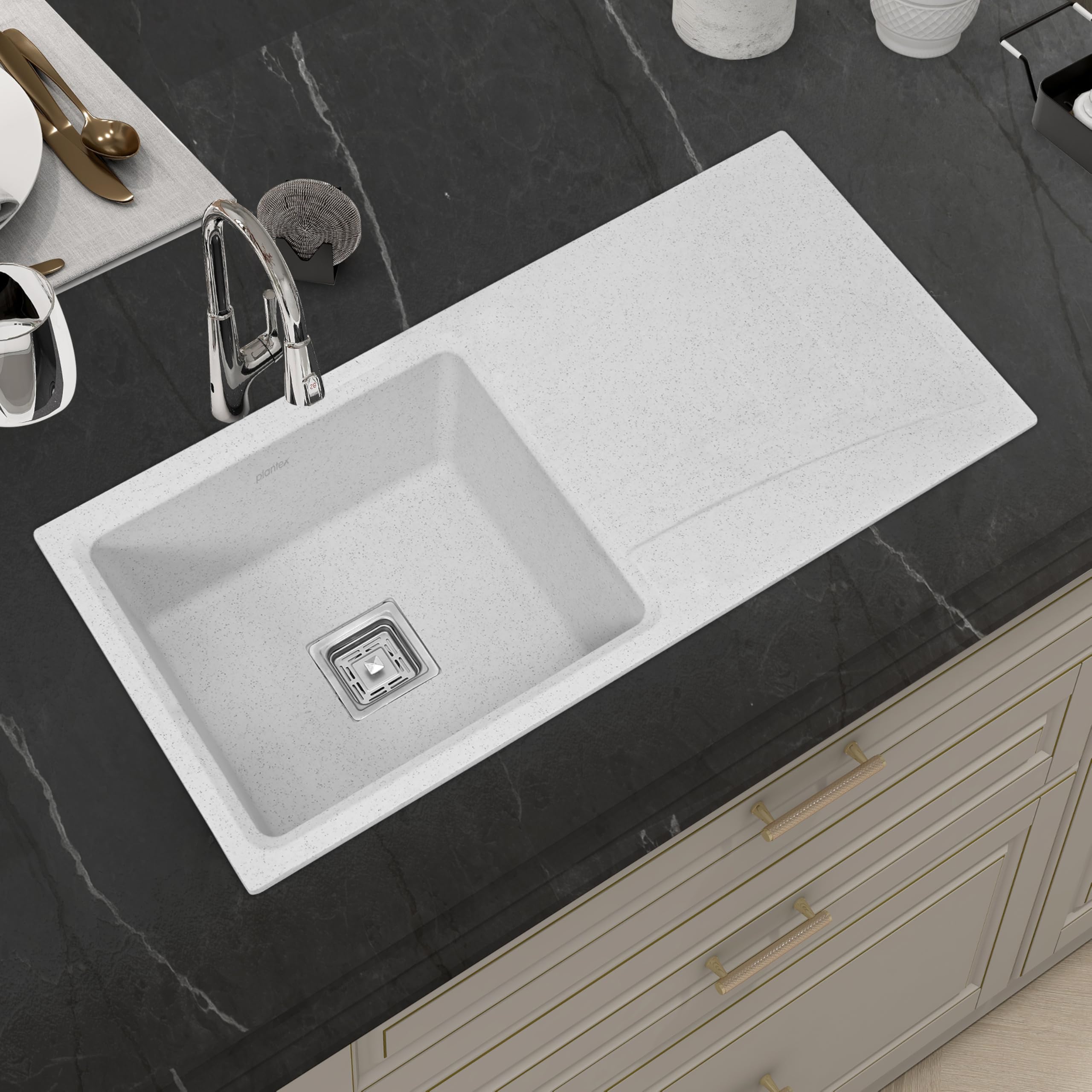 Plantex Quartz Kitchen Sink - Double Bowl, 10-Year Warranty -9