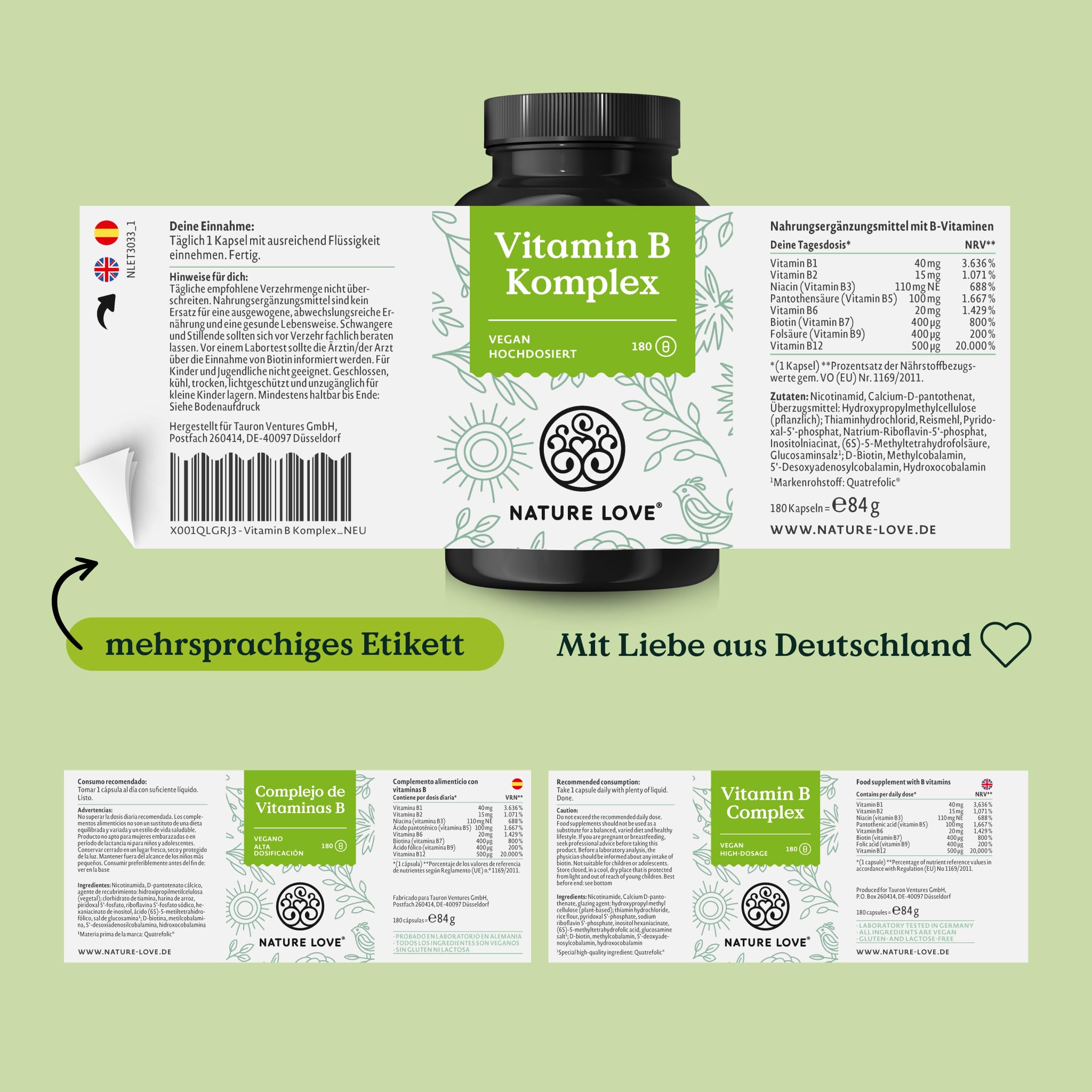 NATURE LOVE® Vitamin B Komplex – Hochdosiert: Mit 500 µg Vitamin B12 – 180 Kapseln (6 Monate) – alle 8 B-Vitamine (B1, B2, B3, B5, B6, B7, B9, B12) – vegan, laborgeprüft und in Deutschland produziert
