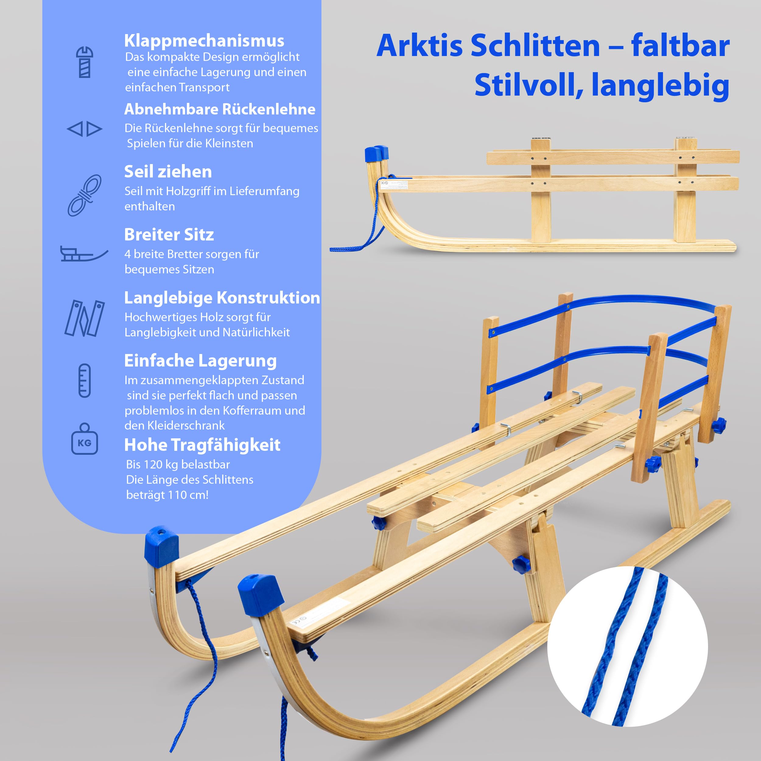 Trineo plegable de madera con respaldo Gagadumi Arctis – Trineo Niños Infantil Resistente y ahorra espacio para el invierno, ideal para diversión en la nieve y aventuras al aire libre