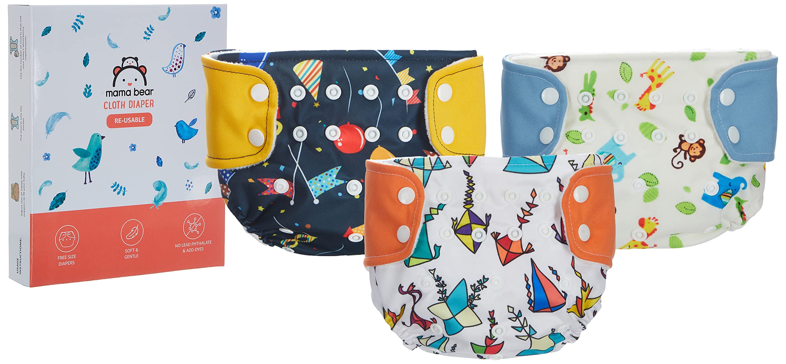 Mama Bear Reusable Cloth Diapers - Pack of 3 Diapers, Freesize, for Baby 0-3 yrs (Blue, Orange, Yellow Balloons)