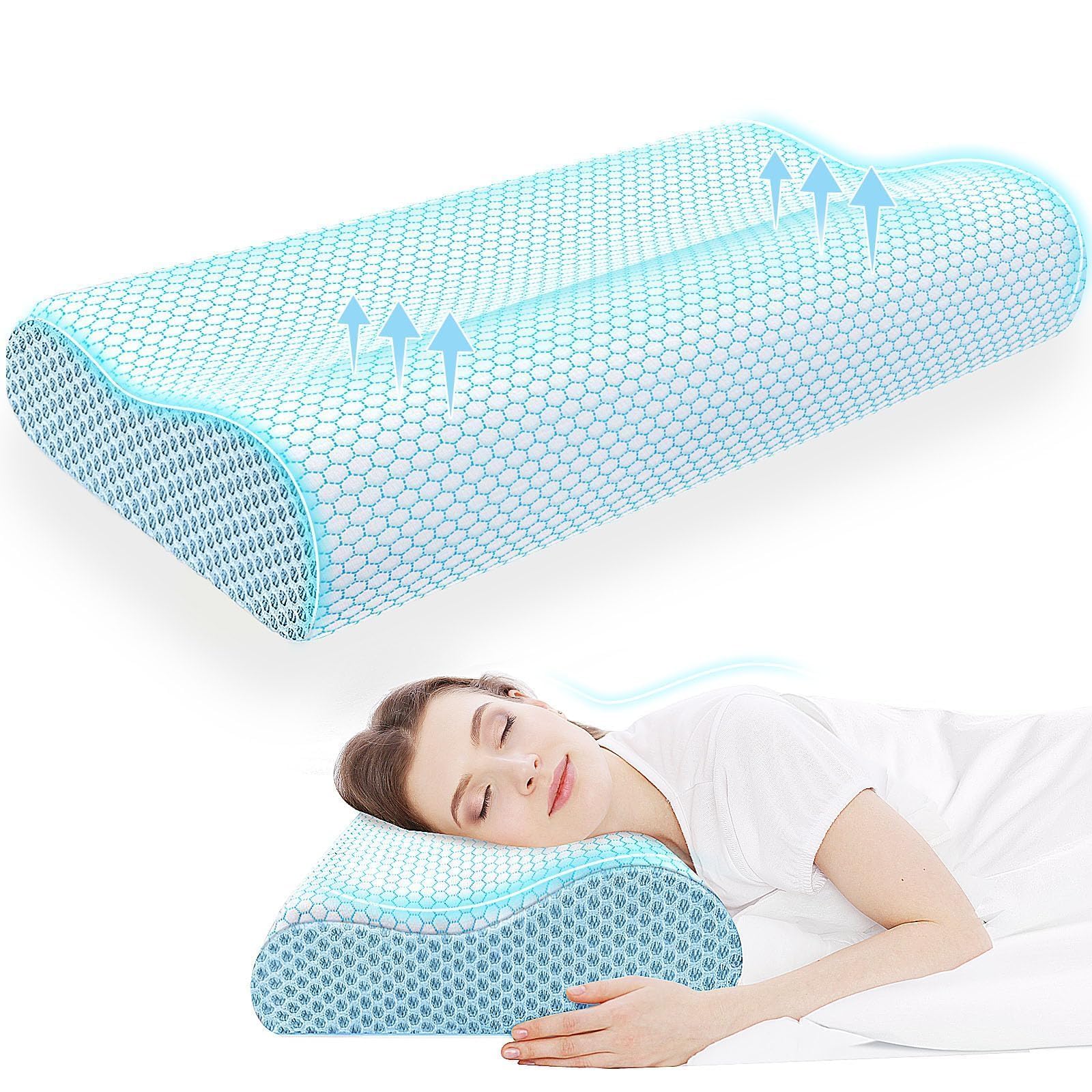Neck Pillow for Sleeping, Ergonomic Cervical Bed Pillow, Blue Queen Size