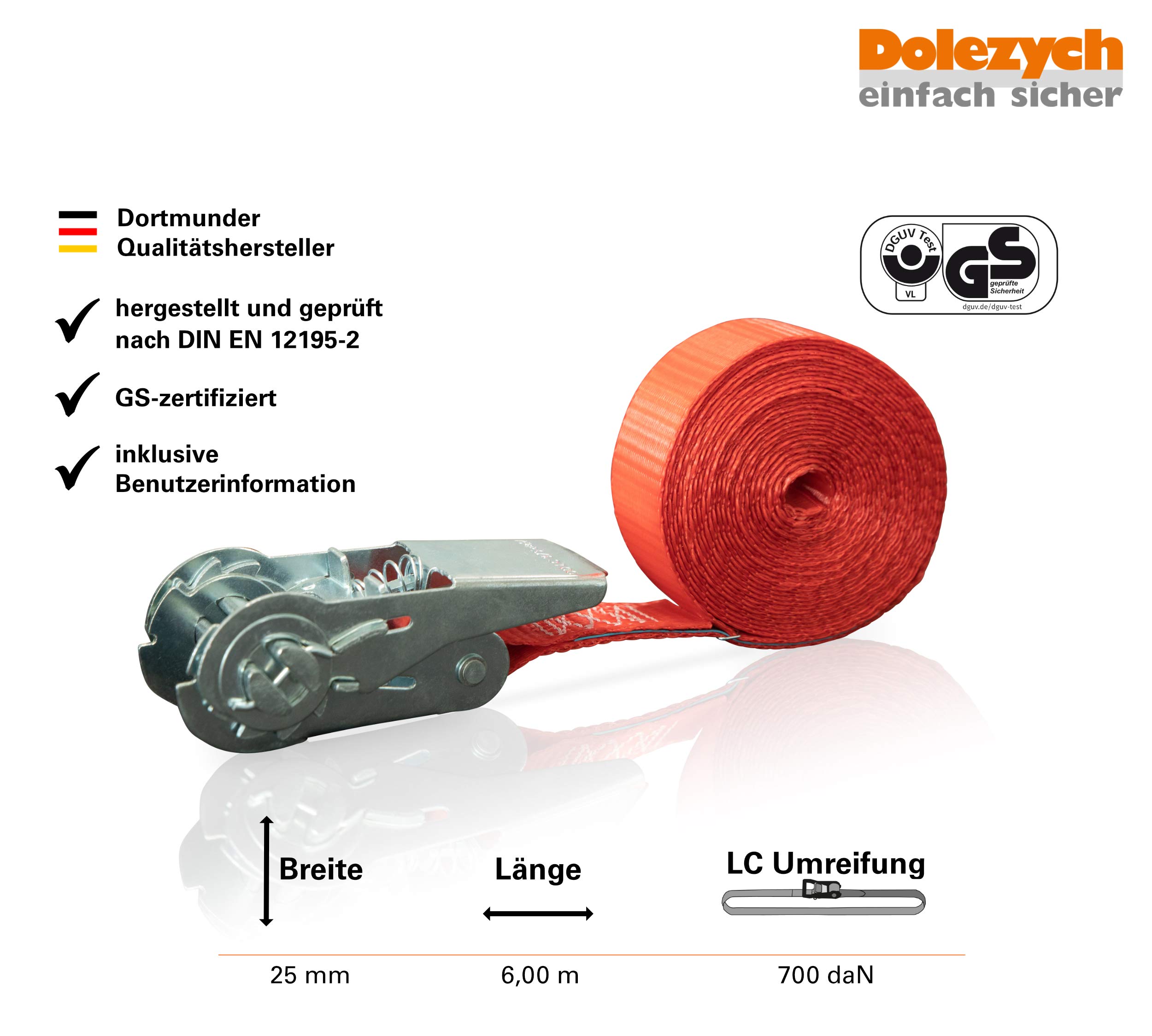 10 Stück Dolezych Ratschenzurrgurt 700 daN, 1-teilig, 6,00 m Länge rot 6 m
