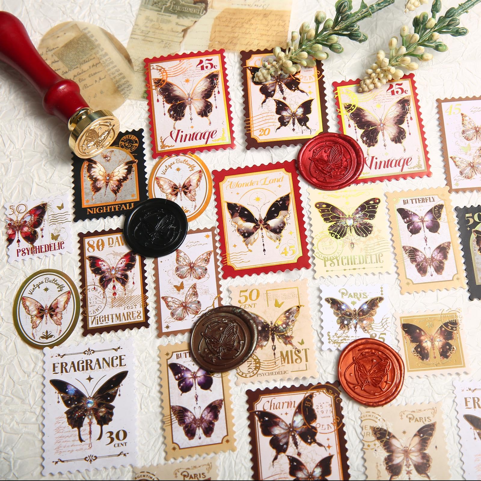 Comealltime Set di 630 francobolli di cera, set di 630 pezzi, con timbro a farfalla, scalda cera, cucchiaino, lumini, buste, decorazioni fai da te per inviti di nozze