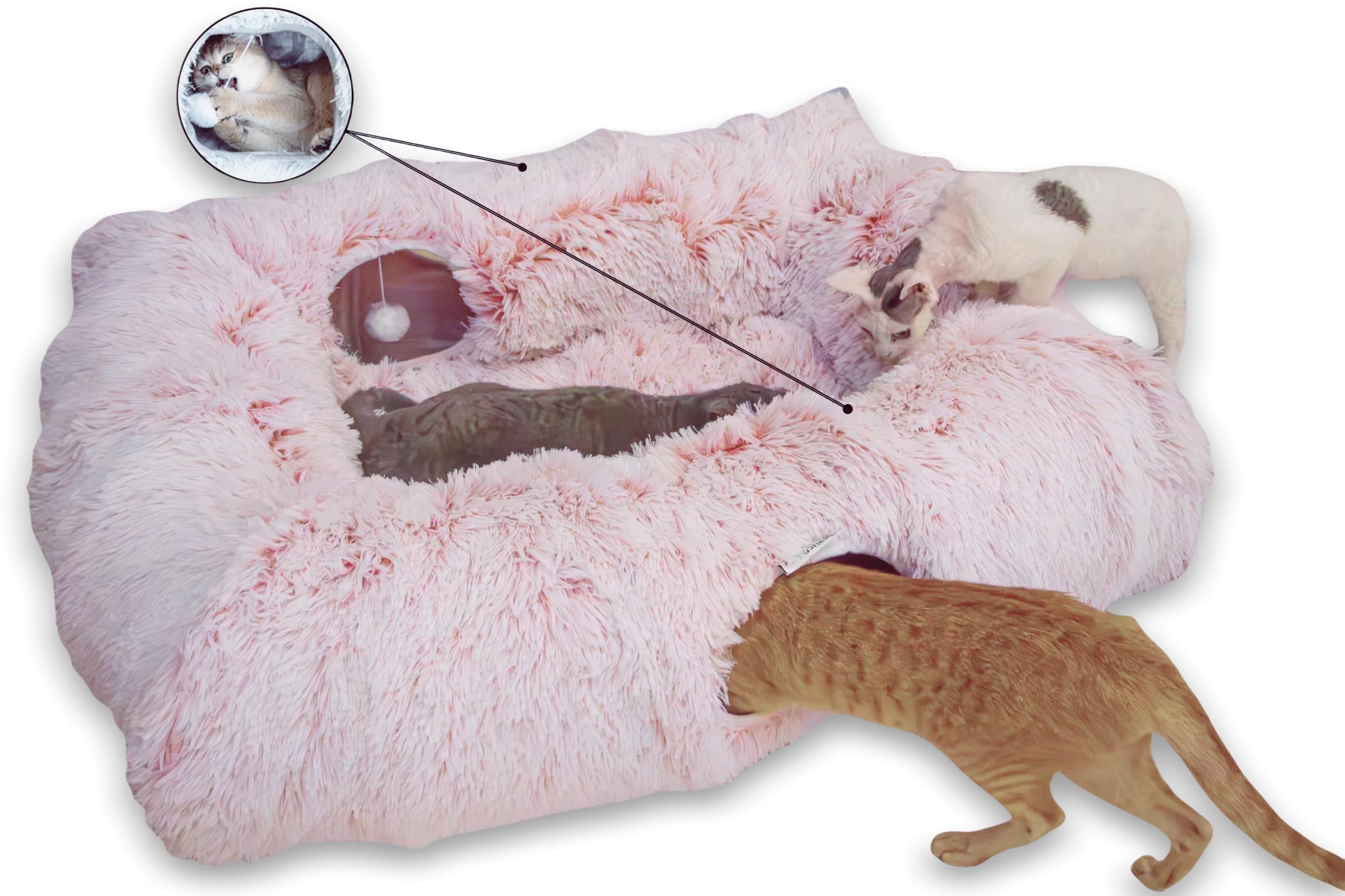 XxingSheep 4 Cave Shuttled XL Cat Tunnel Bed for Indoor Cats Peekaboo Toy Donut with Warm Mat, Pinkish White