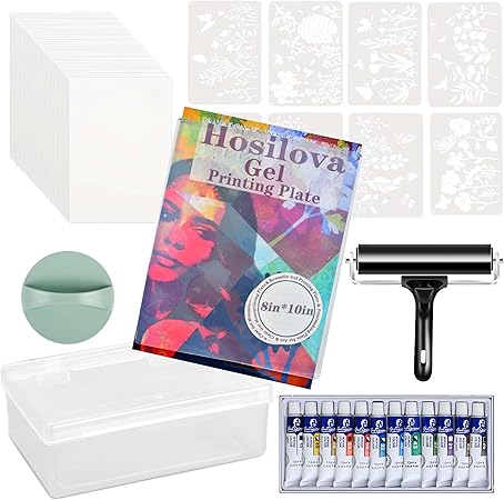 Reusable Gel Printing Plate Kit- 8" X 10" Gel Plate with Acrylic Paint, Printing Paper, Stencil, Storage Box, Rubber Roller, Baren, Easy Clean Plate,DIY Printmaking for Art Card Making, Scrapbooking